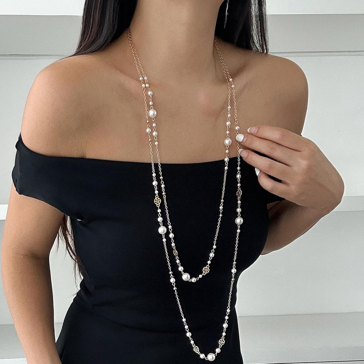 Long Layered Necklace for Women Adjustable Multi-Way Pearl & Beaded Double Strand Y Style Jewelry Dainty Statement Chain – Boho Country Concert Outfit Jewelry, Sweater Chain