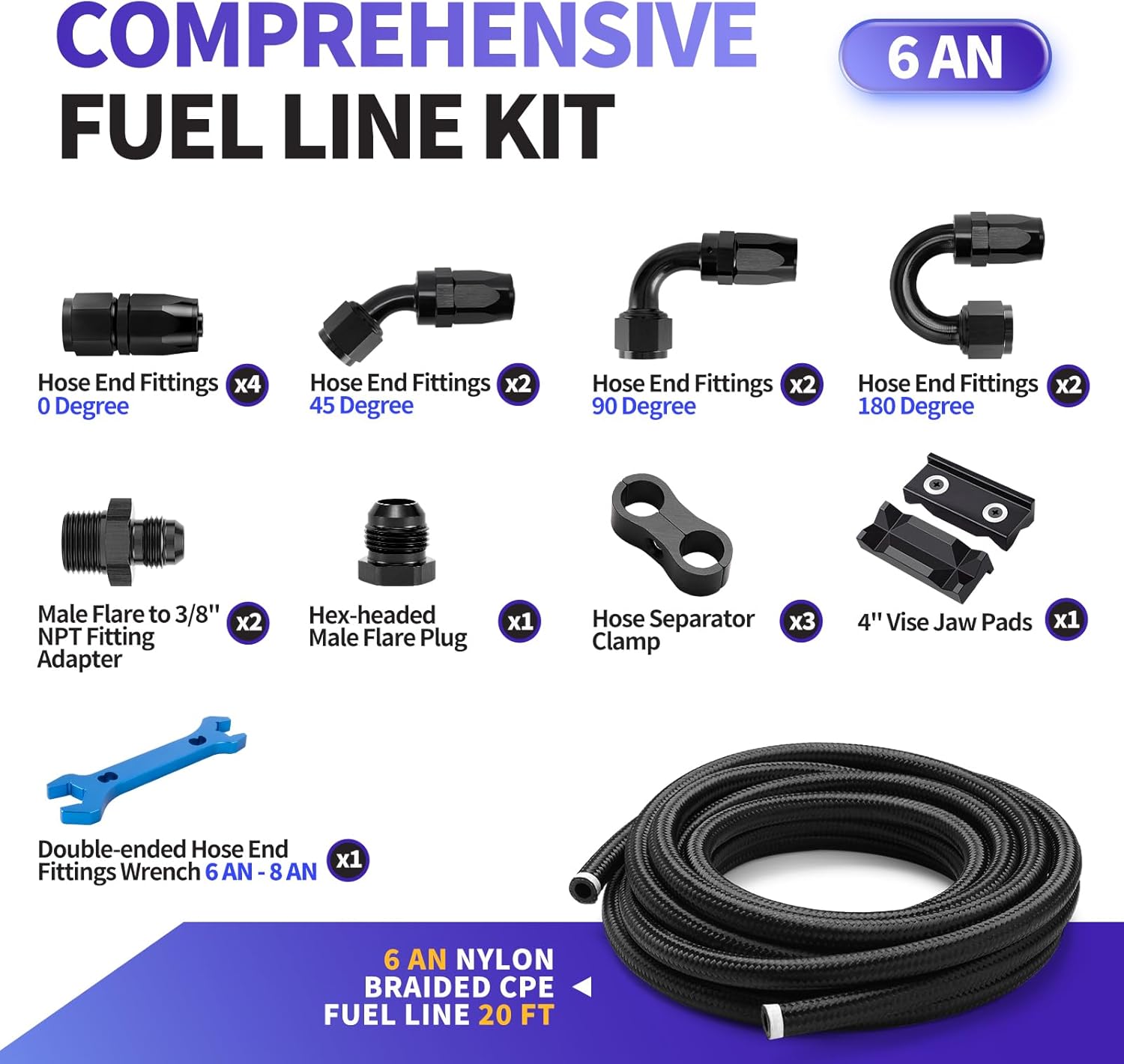 6AN Fuel Line Kit, AN6 Nylon Braided CPE Fuel Line Hose 20FT With 6AN Hose End Fittings Straight/45/90/180 Degree and Hose Fittings Adapters