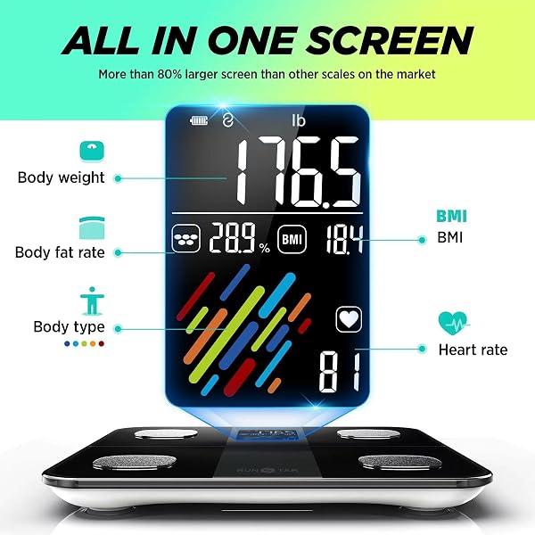 The RunStar Smart Scale features a large display showing multiple body composition metrics at once.