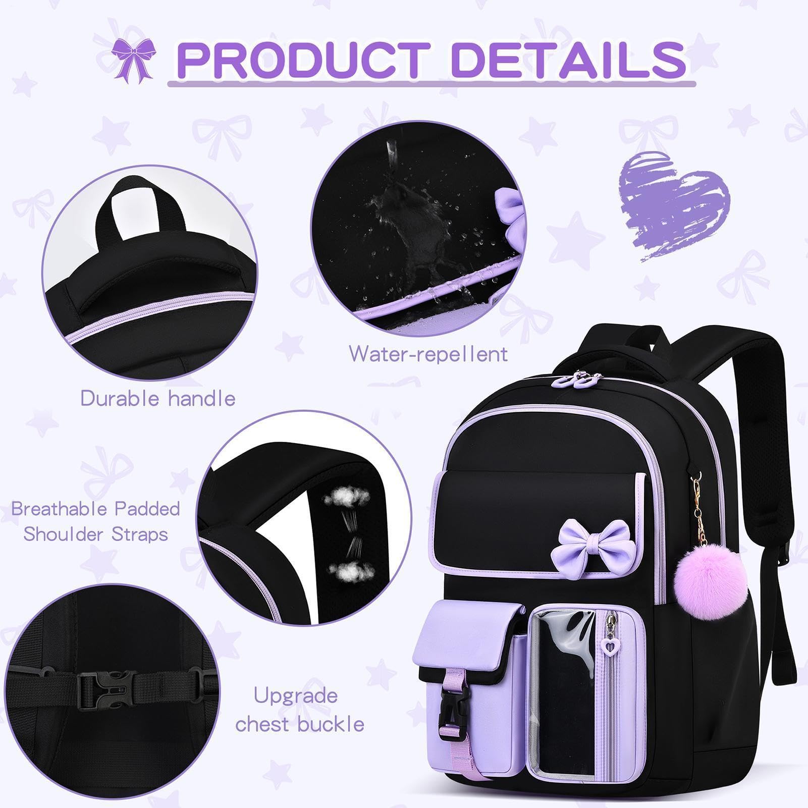 Mochila Para Niñas Con 3 Piezas Con , Gran Capacidad Y Ajustable | Mochila Casual Estilo Cuaderno Para Estudiantes para Estudiantes, Desplazamientos, Viajes, Cartera, Ropa y Libros de Texto