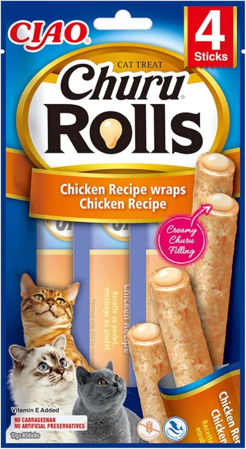 INABA Churu Rolls przysmaki dla kotów, zdrowe przekąski, naturalne składniki z kurczakiem 40 g (1 opakowanie), przekąski dla kotów w jakości premium