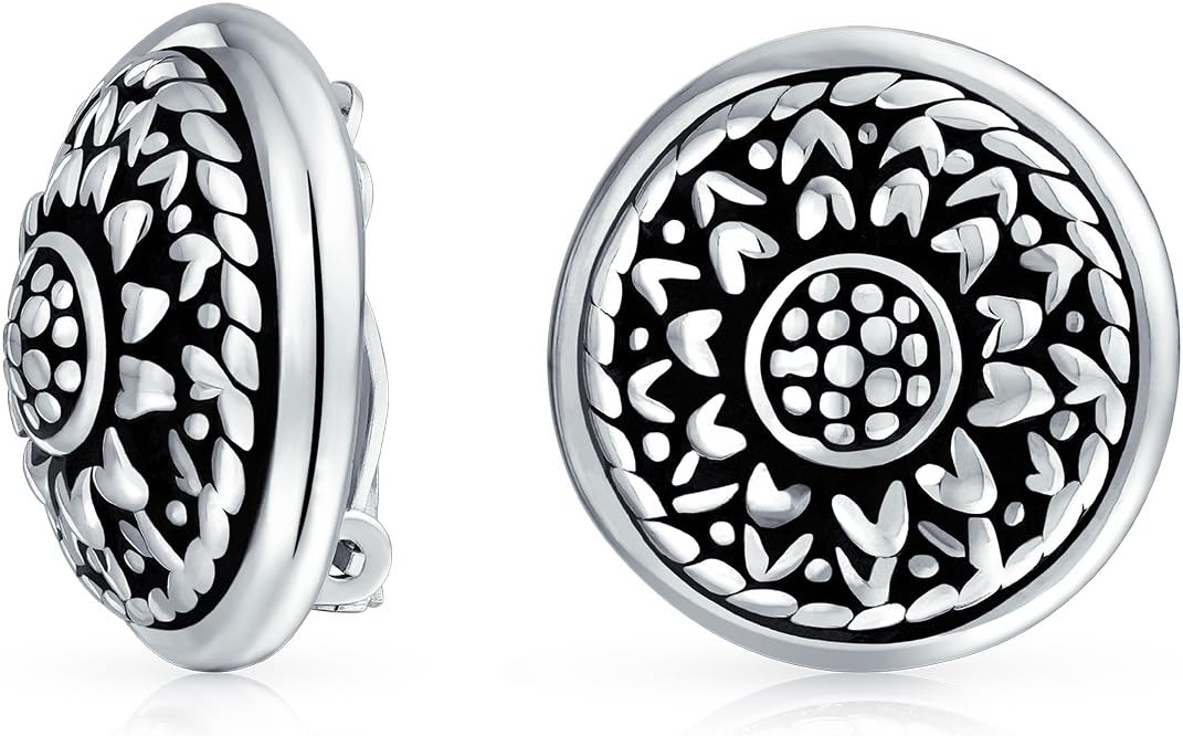 Bali Style Lightweight Medallion Round Disc Flower Sunflower Clip On Earrings For Women Non Pierced Oxidized .925 Sterling Silver