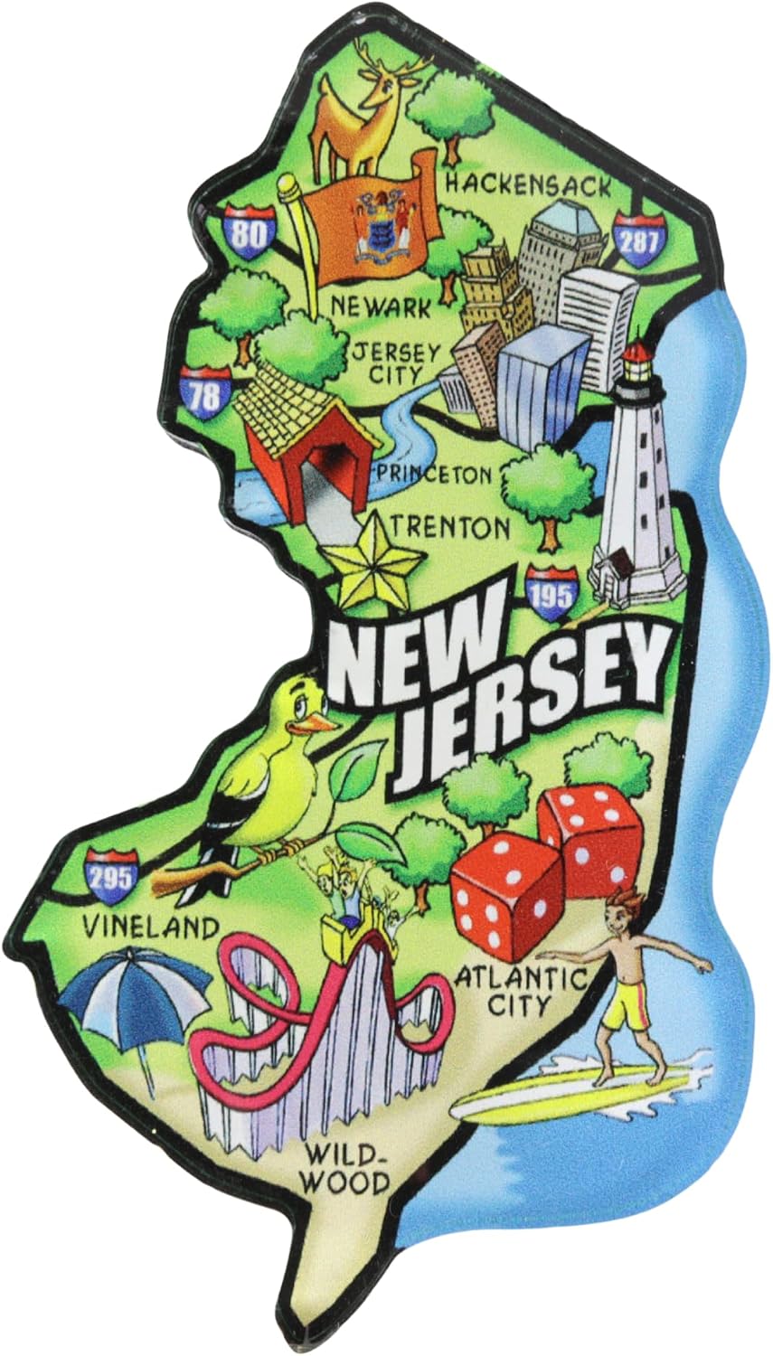 Colorful New Jersey State Map Acrylic Magnet, Fun Travel Souvenir for Fridge Display, Collectible Keepsake, 4 x 2.25 Inches