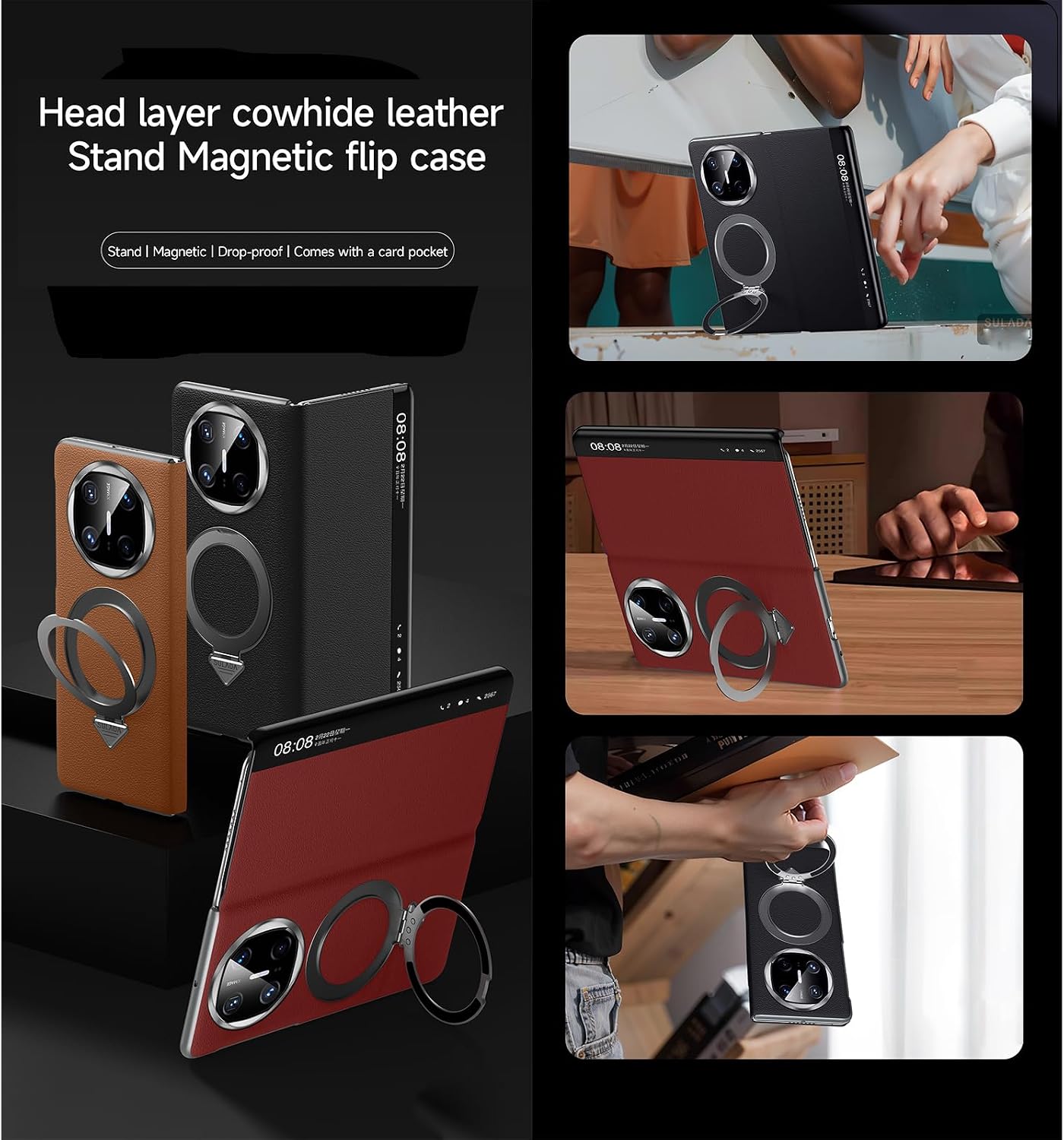 Compatible with Huawei Mate X6 Case Smart Clear View Case[Compatible with Mag-Safe][with Adjustable Ring Stand] Slim Genuine Leather Wallet Flip Case Protective Shockproof for Women Men(Brown)