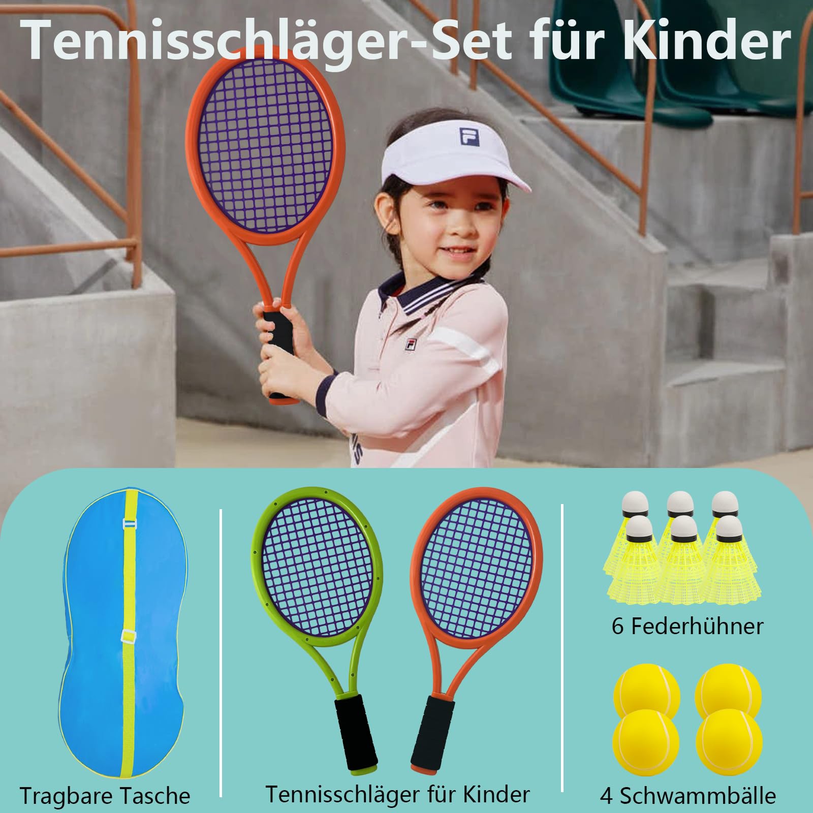 Kinder tennisschläger Set 17 Zoll,Mit 4 weichen Trainingsbällen & 6 Badminton-Federbällen – Geeignet für Kindersportarten im Innen- und Außenbereich