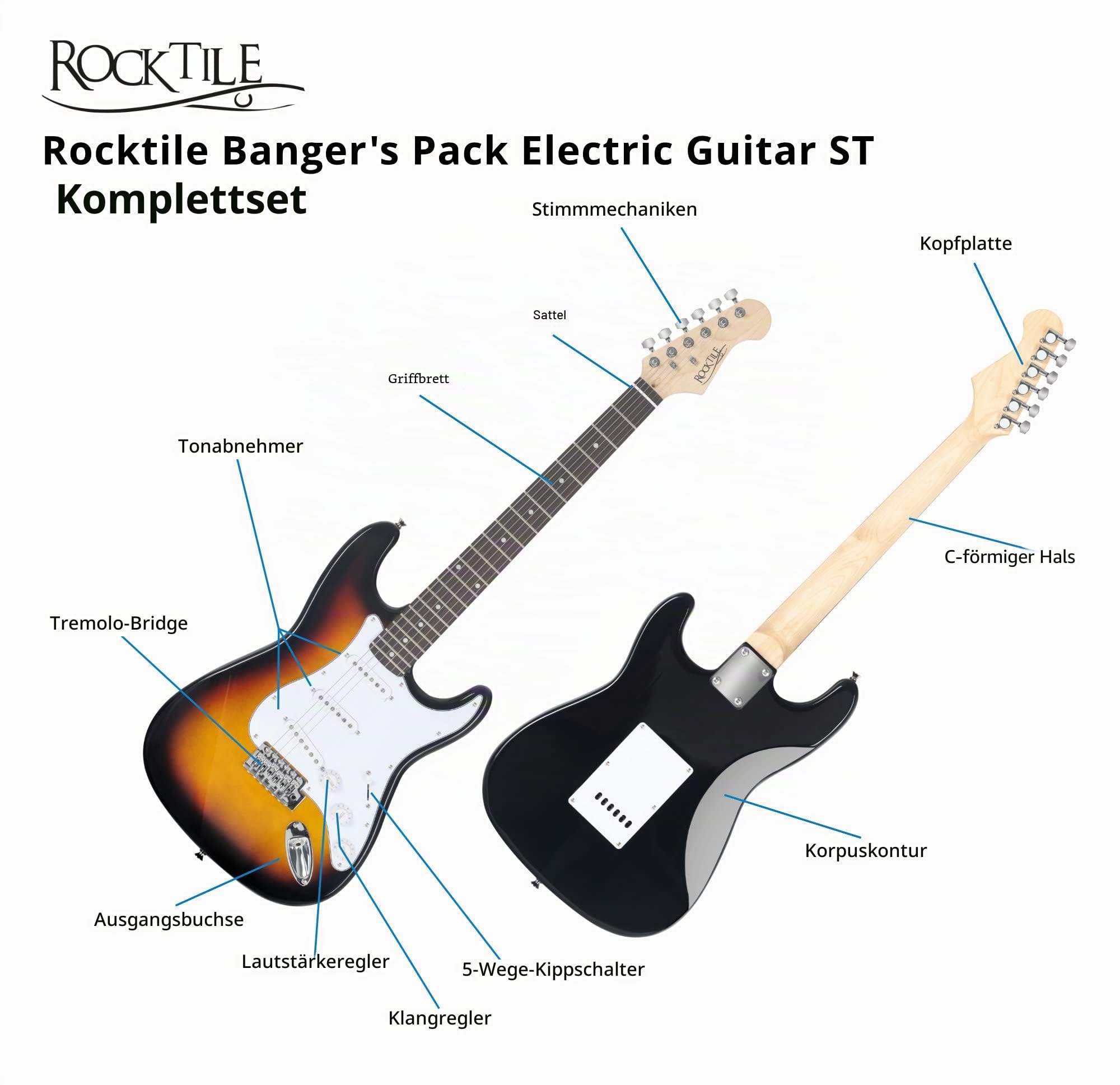 Rocktile Banger's Pack E-Gitarren Set Sunburst inkl. Verstärker, Tasche | Rocktile ST-Style E-Gitarre, 3-Color Sunburst Finish, 3 Single-Coil Tonabnehmer, 5-Wege Wahlschalter, 1 Volume-/ 2 Toneregler