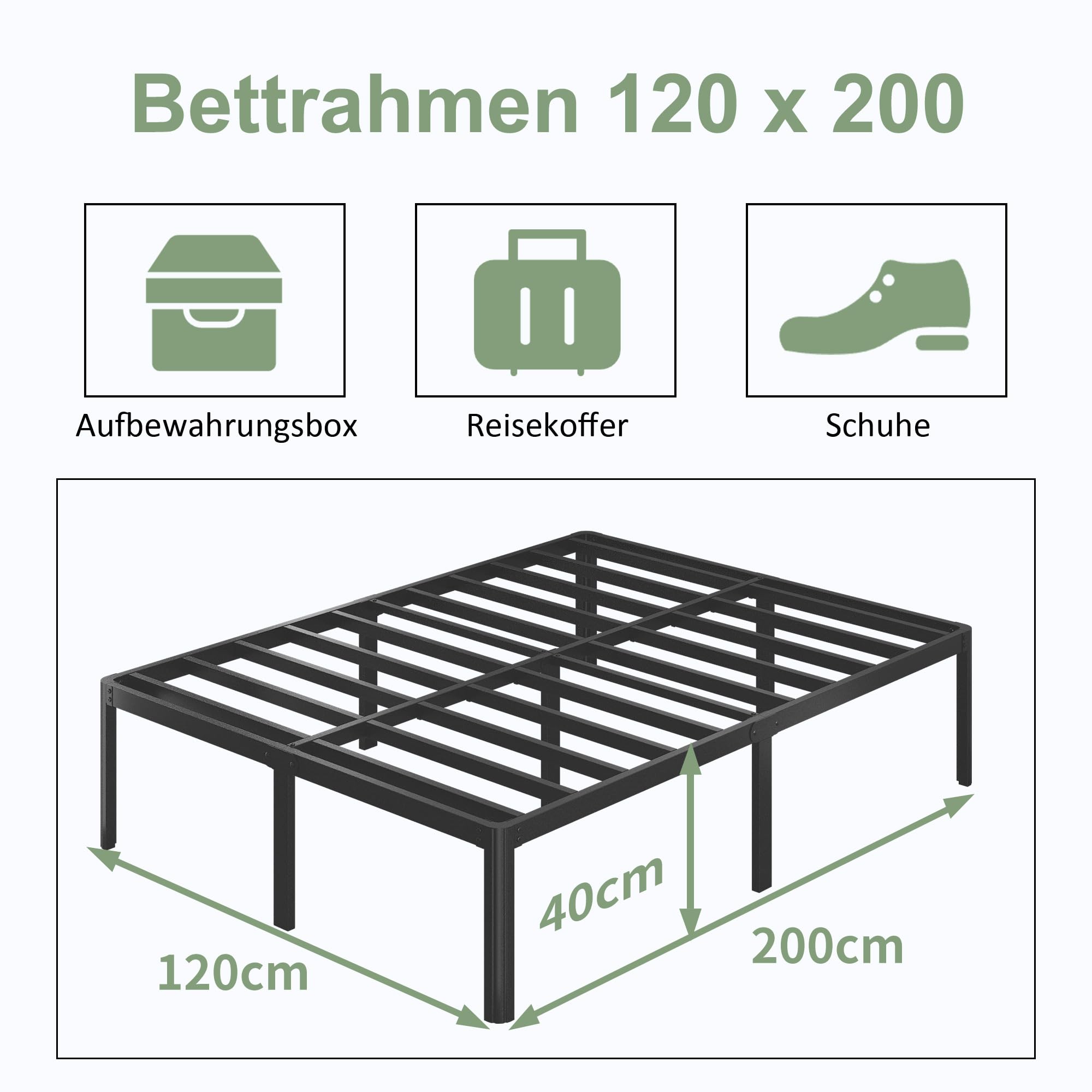 Lutown-Teen Schweres Metallbett 120x200 cm mit Lattenrost, Höhe 41cm Bett mit Runden Eckbeinen, Großer Stauraum unter dem Bett, Geräuschfrei, Einfacher Aufbau, Schwarz