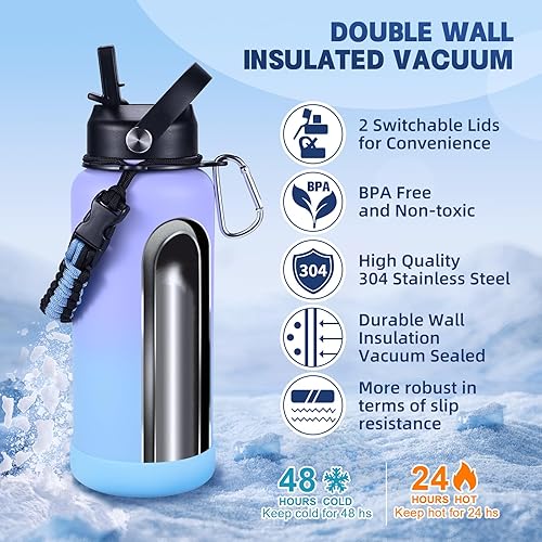 Miniatura 3 de Botella de agua aislada, botellas de agua de boca ancha de acero inoxidable de 32 onzas con 2 tapas a prueba de fugas y mango de paracaídas, botella