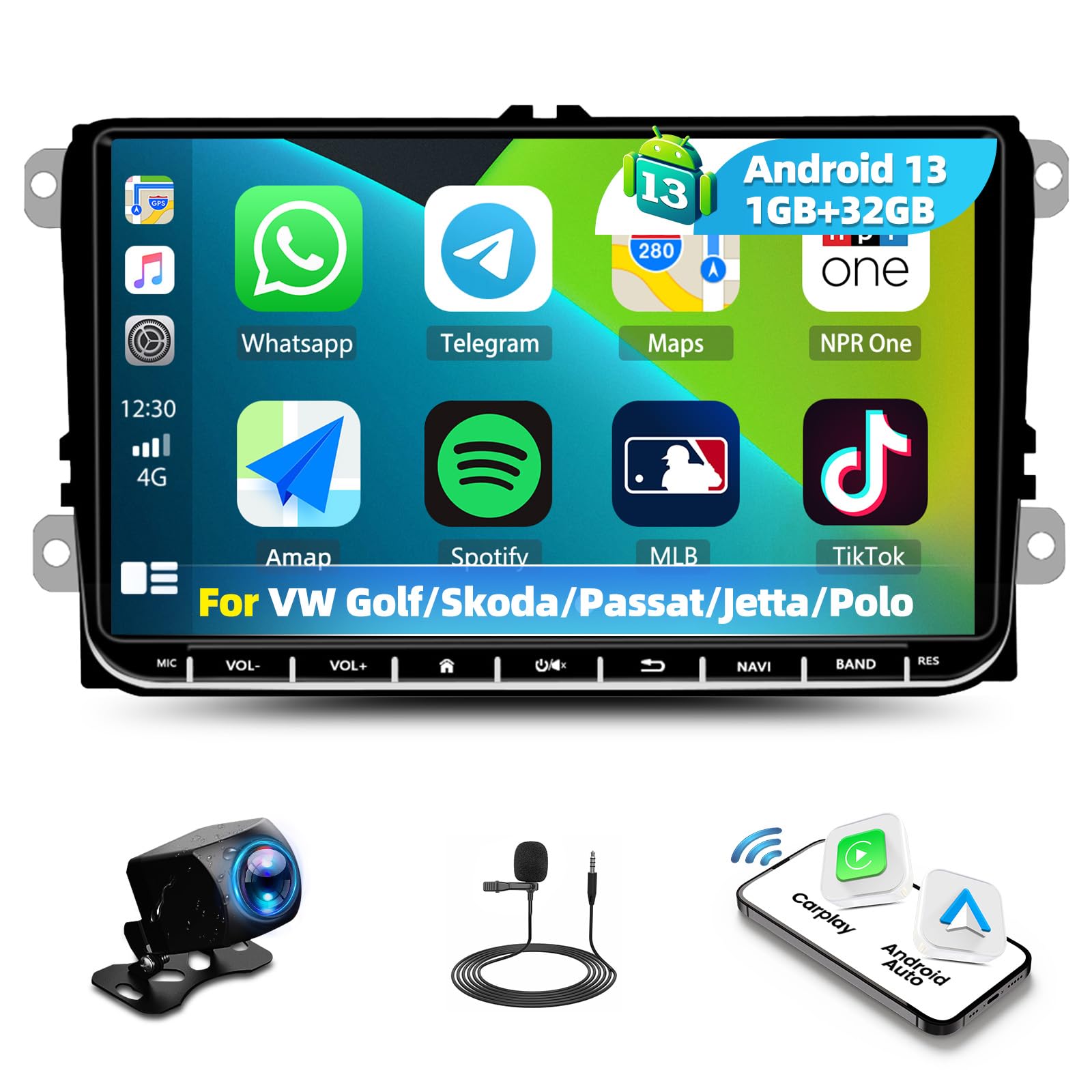 CAMECHO 2G+64G Android 13 Car Radio for VW Passat Jetta Golf Polo Tiguan Seat Skoda Caddy 7 Inch TouchScreen Carplay Android Auto Stereo Sat Nav GPS WiFi Bluetooth Mirror Link FM/RDS SWC+ AHD Camera