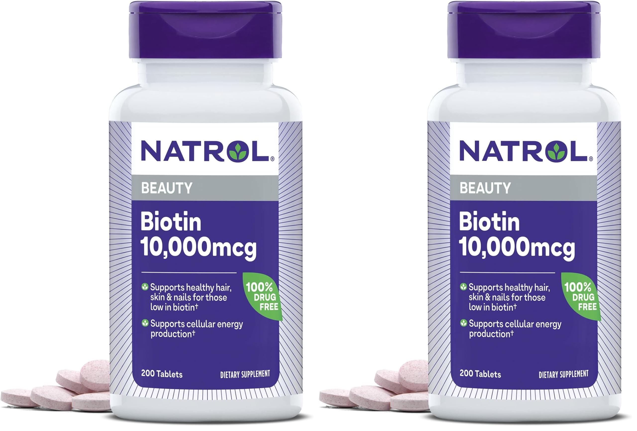Natrol Biotin 10000mcg, Supplement for Healthy Hair, Skin and Nails for Those Low in Biotin, Plus Energy Metabolism Support, 200 Tablets, Up to a 200 Day Supply,(Pack of 2) Unflavored 200 Count (Pack of 2)