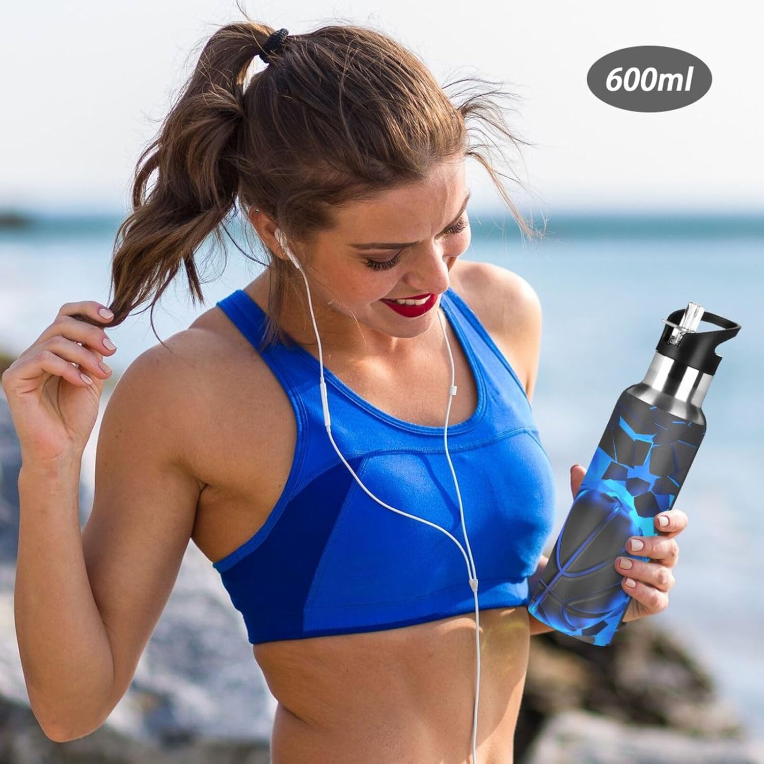 3D Basketball Blue Lighting Water Bottle Kids Boys Girls Insulated Stainless Steel Hot Cold Water Flask with Straw Lid for Sports Gym Running 20 oz - Image 5