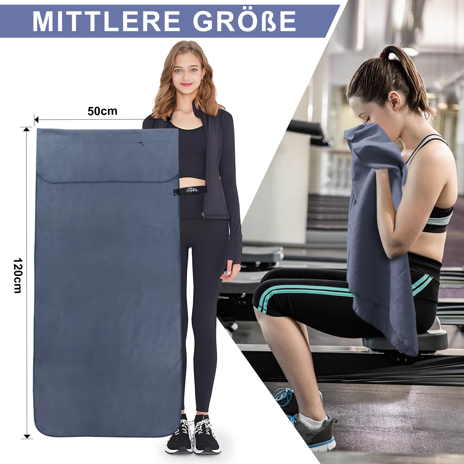 Pameil Asciugamano Palestra | 120x50cm Asciugamano Microfibra Con Tasca Con Cerniera | Asciugatura Rapida, Leggero, Assorbente Asciugamani Mare Microfibra e Asciugamani Palestra Fitness