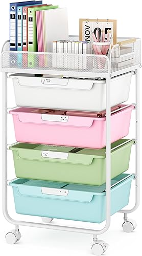 Carrito rodante con 4 cajones, carrito utilitario rodante de 4 niveles, carrito de almacenamiento rodante con parte superior de malla, carrito de