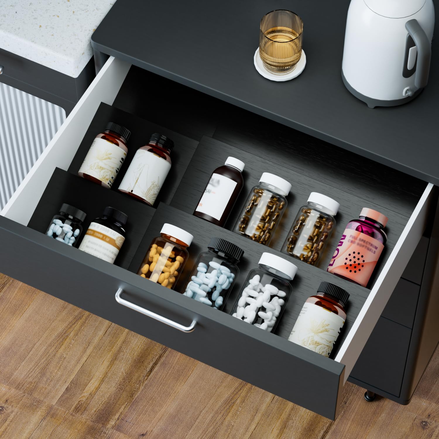Lot de 8 étagères à épices de tiroir - Système de rangement extensible de 30 cm à 60 cm - Pour cuisine, armoire, plan de travail - Noir