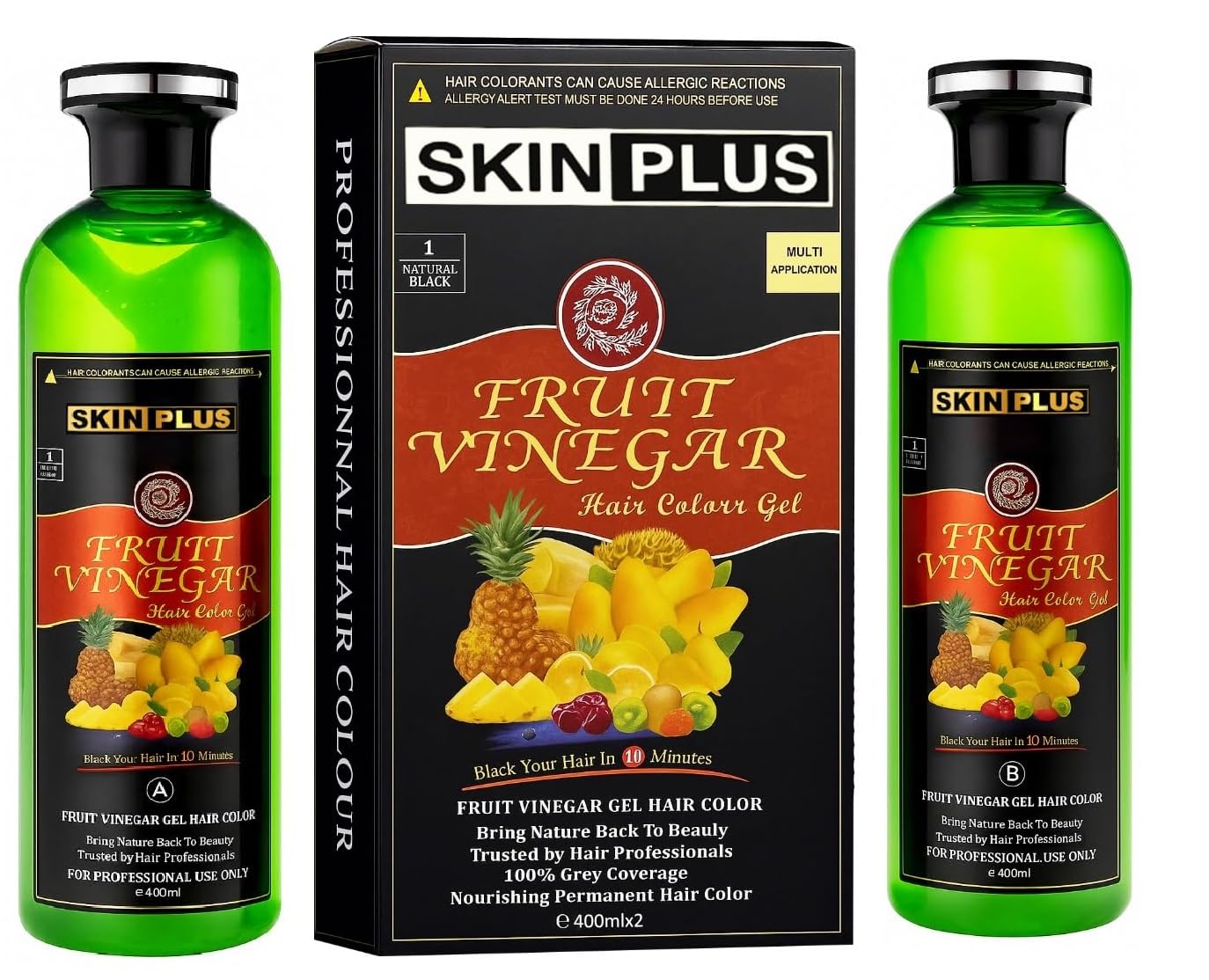 SKINPLUS FRUIT VINEGAR Ammonia Free 10 Minutes Hair Color Colour Gel 800 ML Black/Natural Black-picture-20