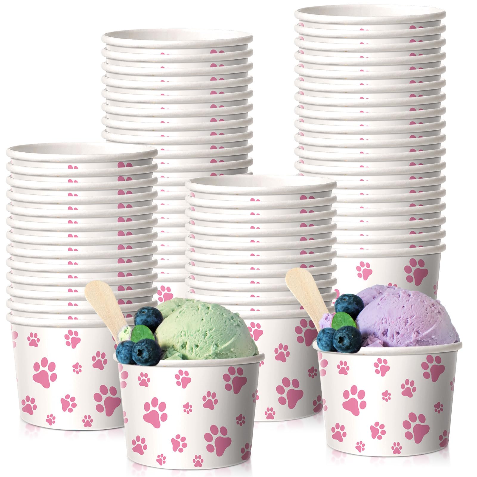 Tasses à crème glacée jetables motif pattes de chien 237 ml en papier rose | Lot de 50