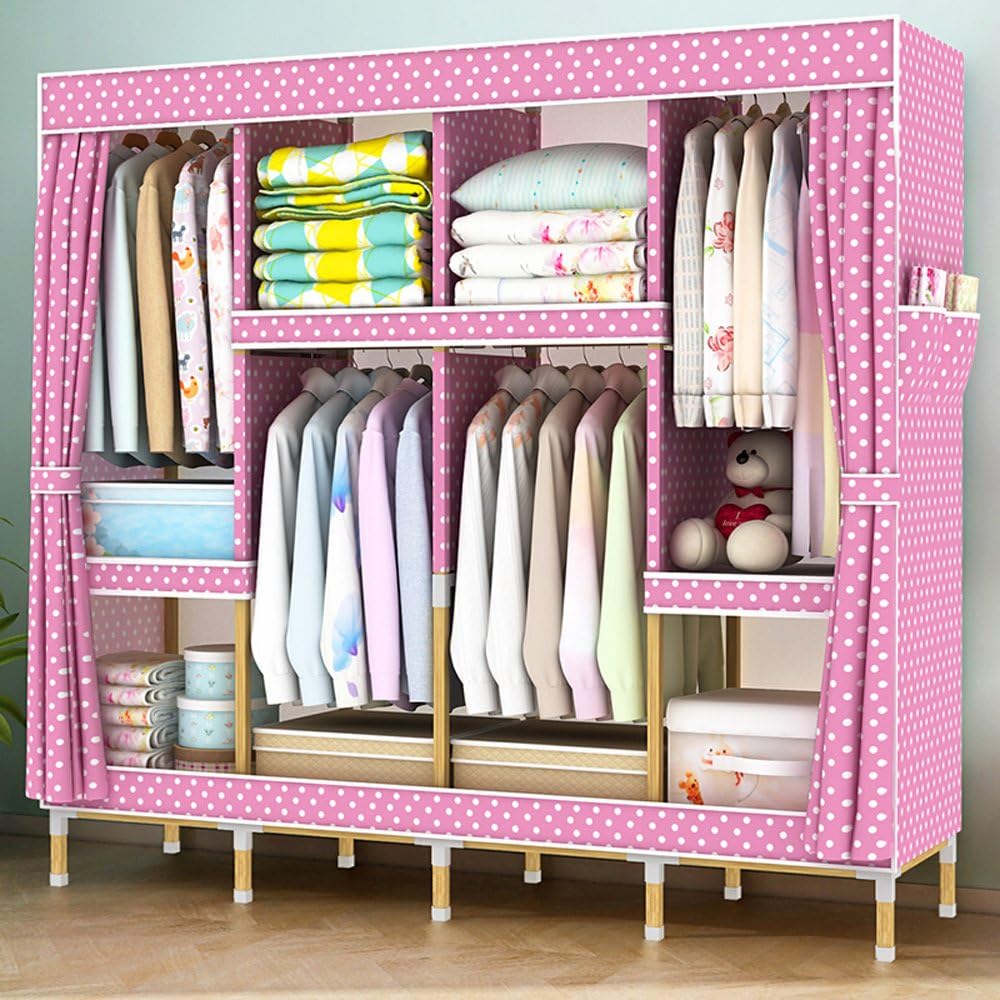 HHAiNi Portable Wooden Wardrobe Closets for Bedroom, Super Large Family Sold Wood Closet Organization, Fully-Enclosed Reinforced Armoire (Pink with Dots)