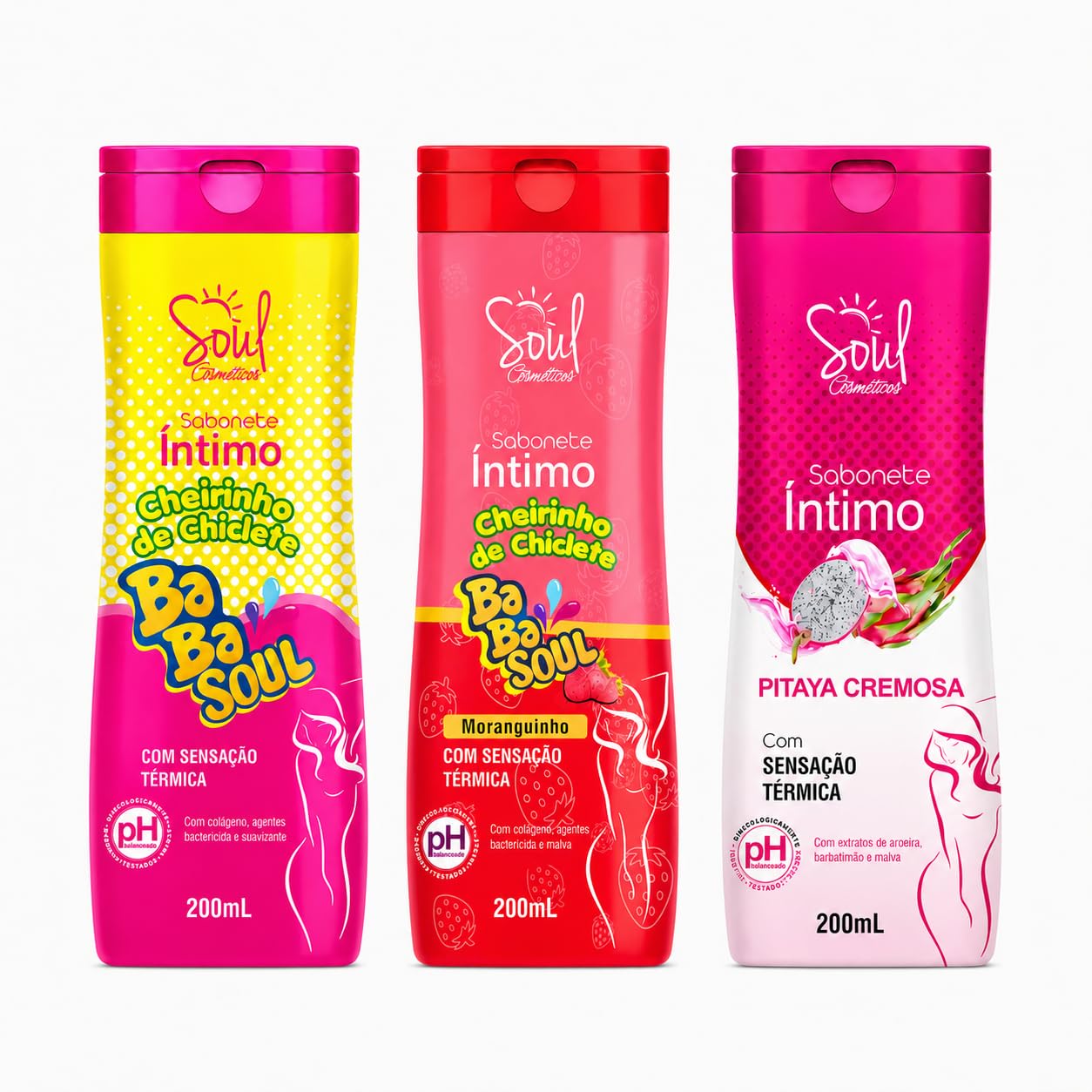 Kit 3 Sabonete Intimo Soul 200ml - Chiclete, Moranguinho e Pitaya Cremosa