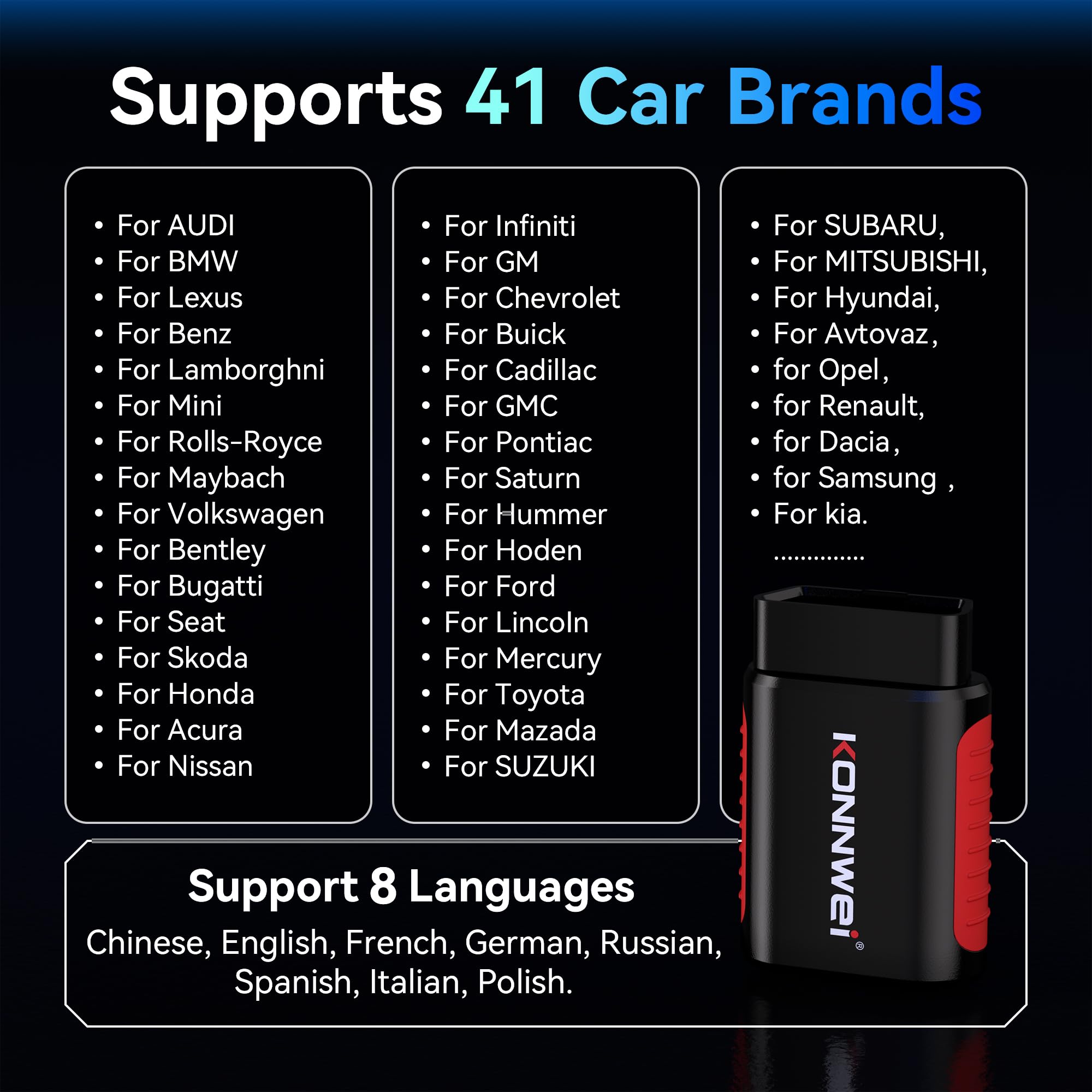 KONNWEI OBD2 urządzenie diagnostyczne do samochodu, OBD2 Bluetooth 5.2, adapter do iOS i Android, z pełną diagnostyką systemu i 5 funkcjami serwisowymi, nie wymaga subskrypcji