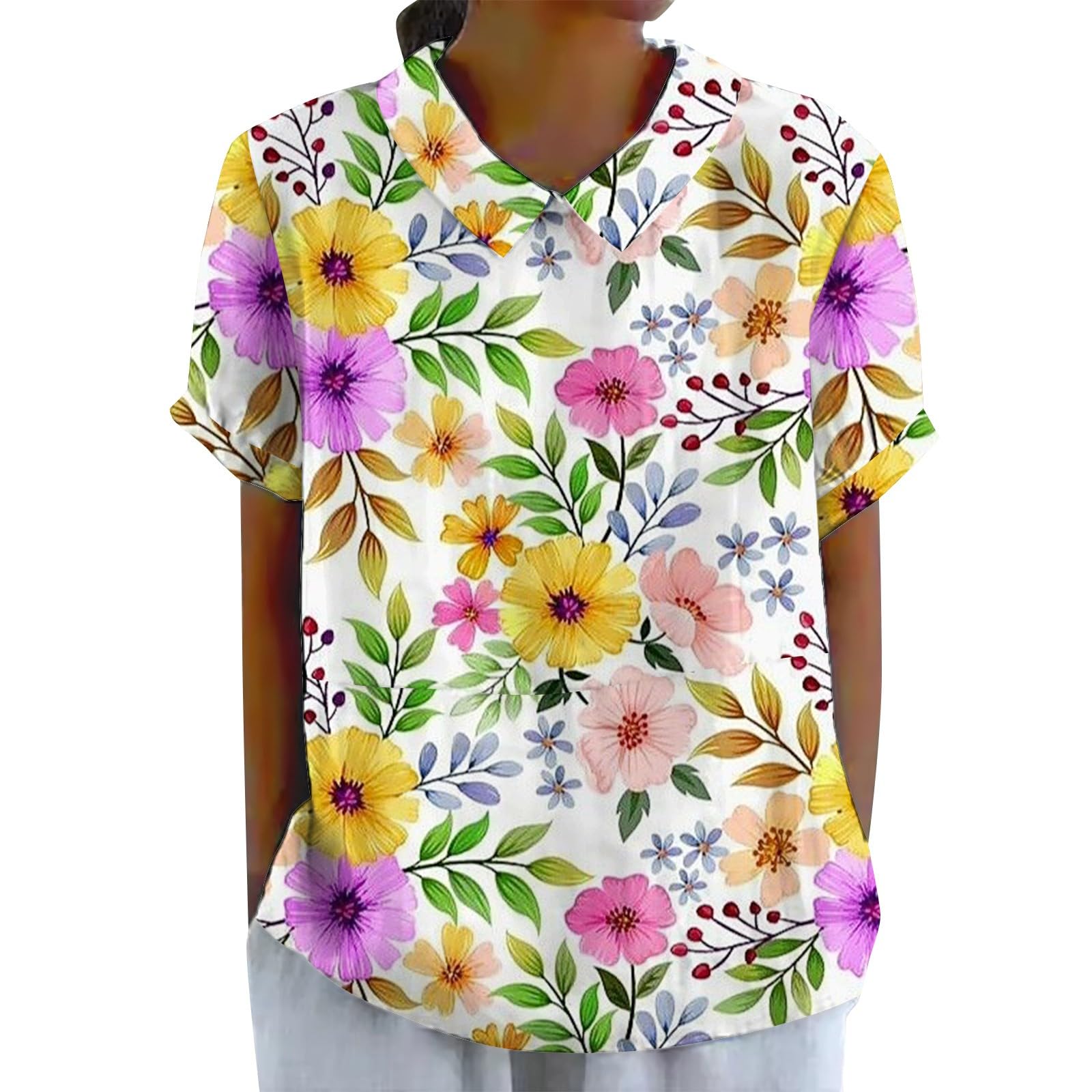 VREWAREFashion Tops for Women Trendy Summer Lace Short Sleeve Crew Neck Tops Shirt Loose Casual Waffle Tee Blouse