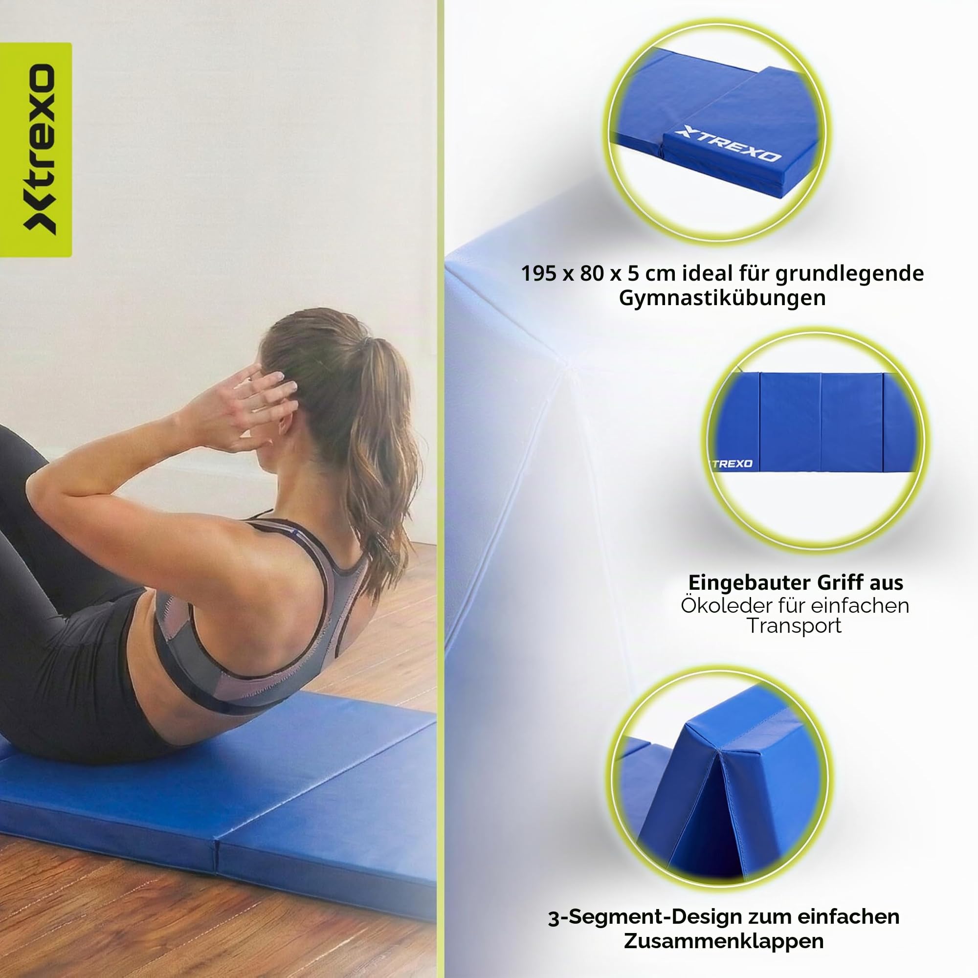 XTREXO Klappbare Gymnastikmatte – Turnmatte 4-teilig – Kunstleder & EPE-Schaumstoff – Faltbar mit Tragegriffen – Rutschfest für Training, Yoga & Kinderzimmer