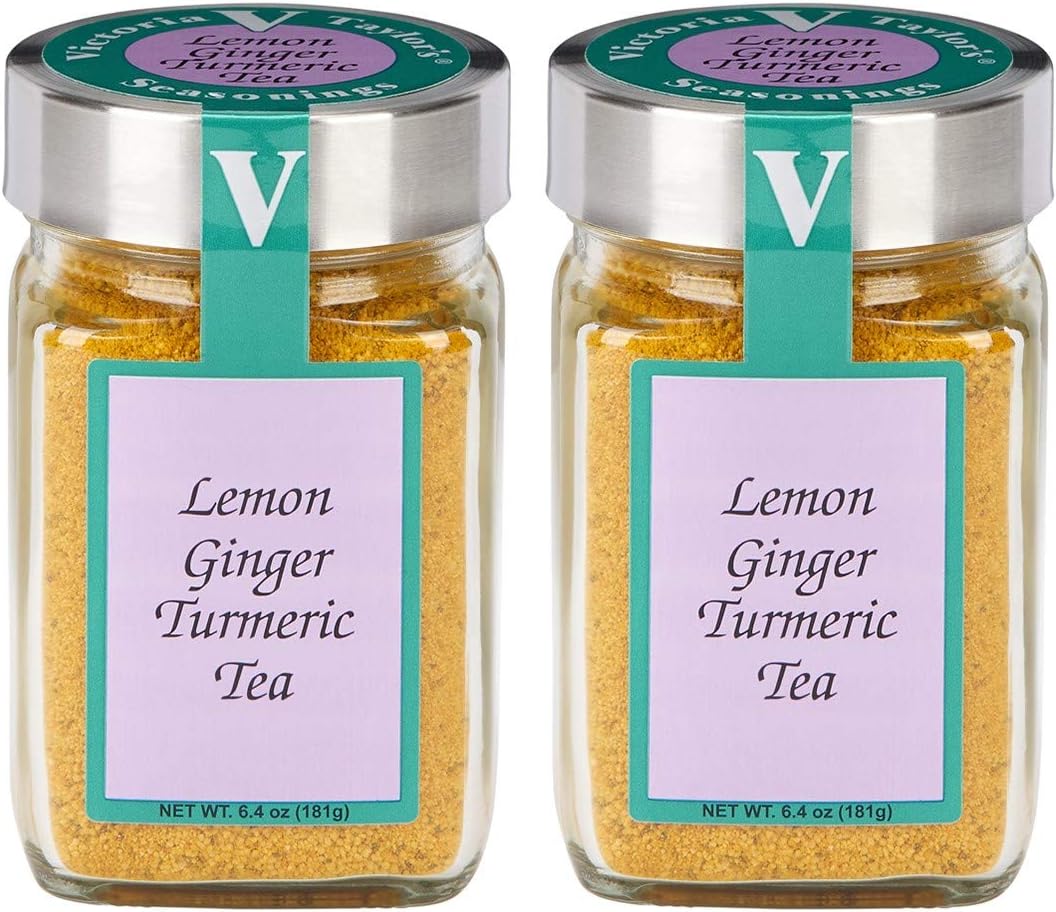 Victoria Taylor's Lemon Ginger Turmeric Tea- Two 6.4 oz. Jars- with Black Pepper, Curcumin, Ginger & Natural Honey Crystals