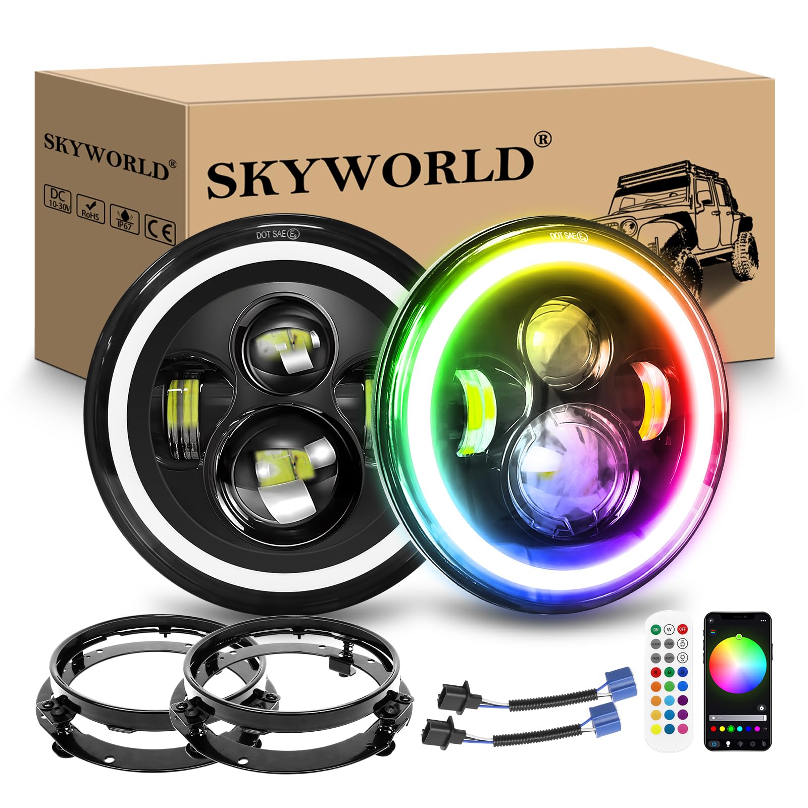 SKYWORLD Okrągły reflektor LED 17.8 cm z uchwytem montażowym, RGB Halo Turn Signal biały DRL światła drogowe/mijania, 4 diody LED, kąt oczu, kompatybilny z Wrangler JK LJ CJ TJ motocykl