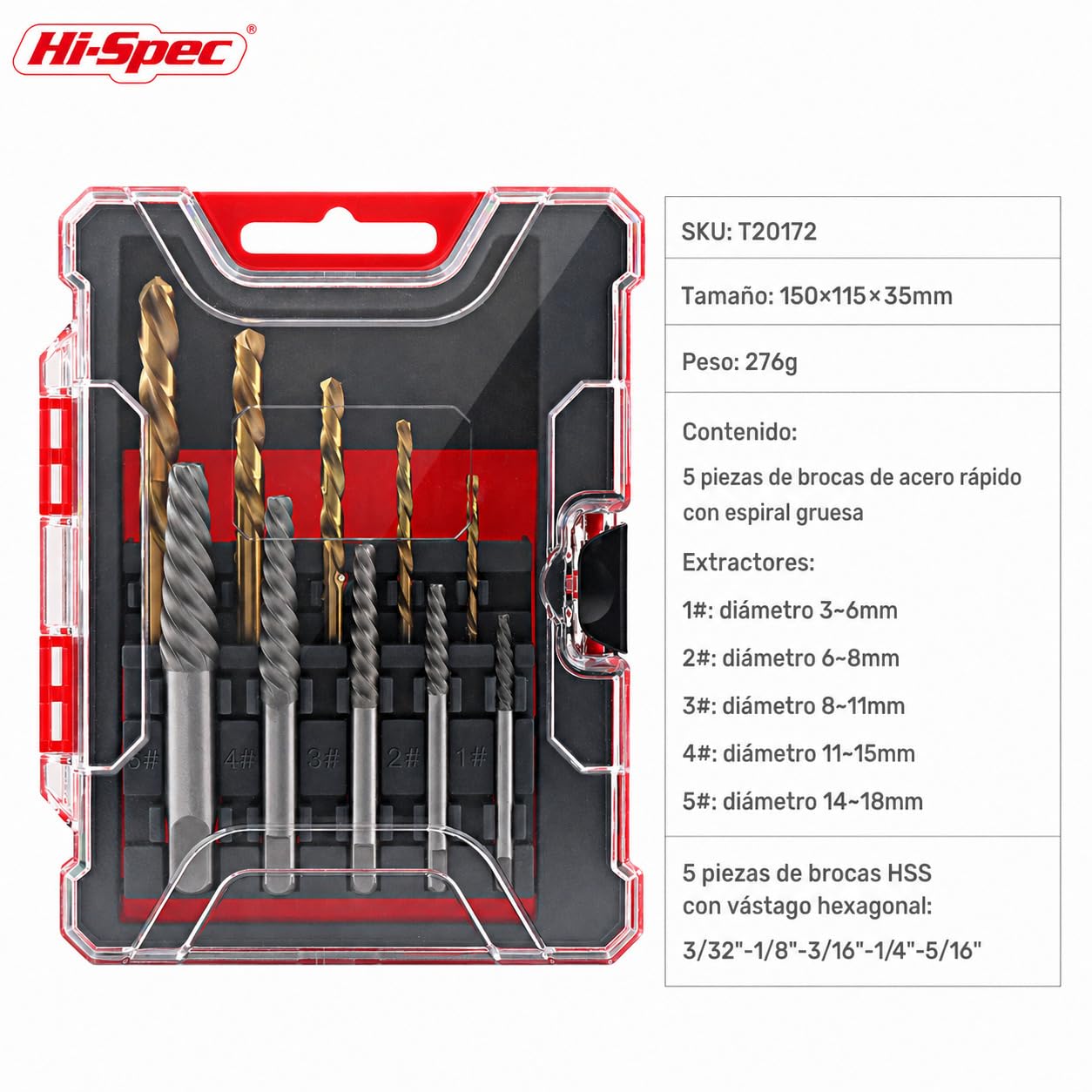 Hi-Spec Juego de Extractores de Tornillos y Brocas HSS de 10 Piezas. Fácil Extracción, Remover con Espiral de Rosca Izquierda para Tornillos, Pernos y Pernos Dañados, Rotos o Desgastados
