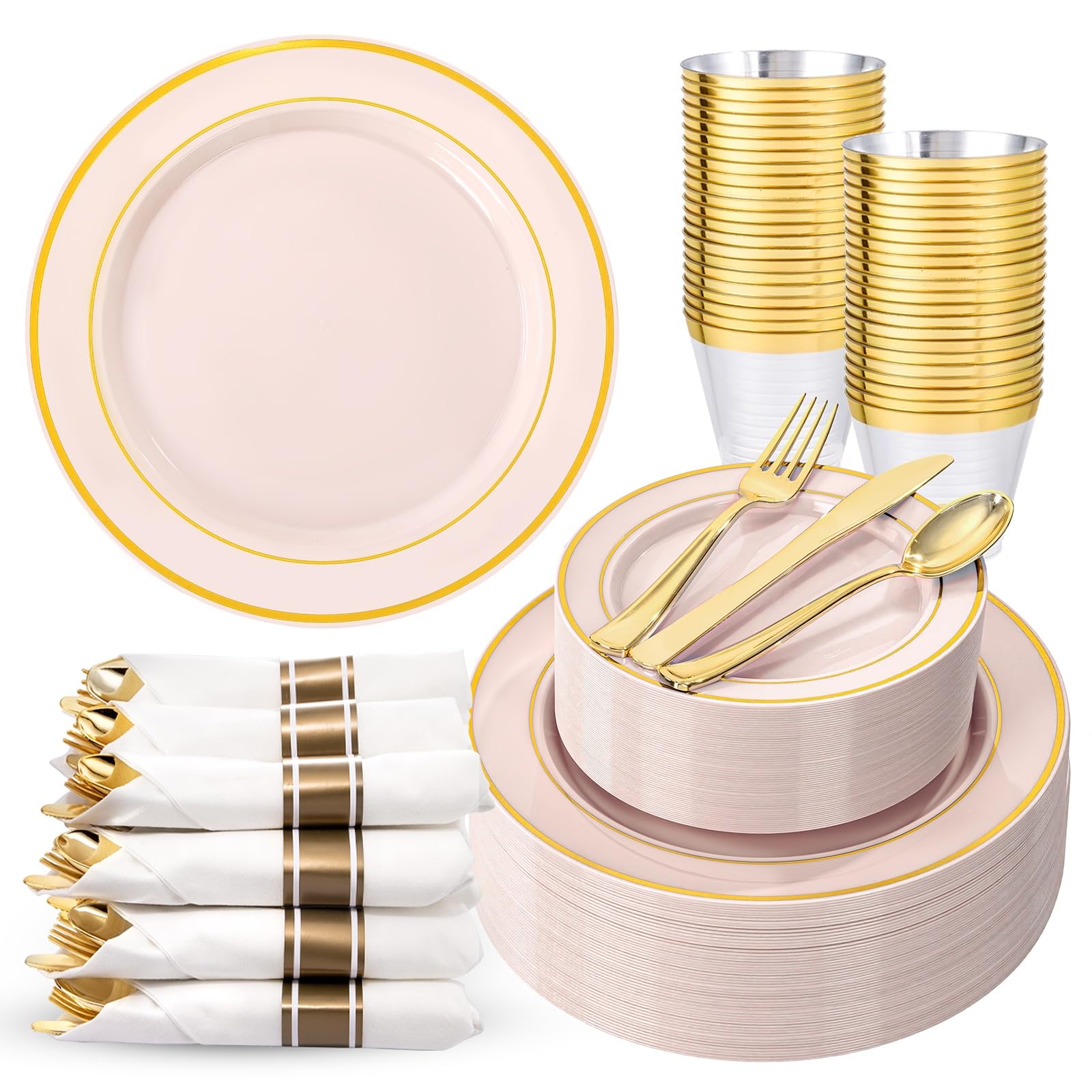 Gold Dinnerware Set for 50 Guests - Disposable Plates & Cutlery -17