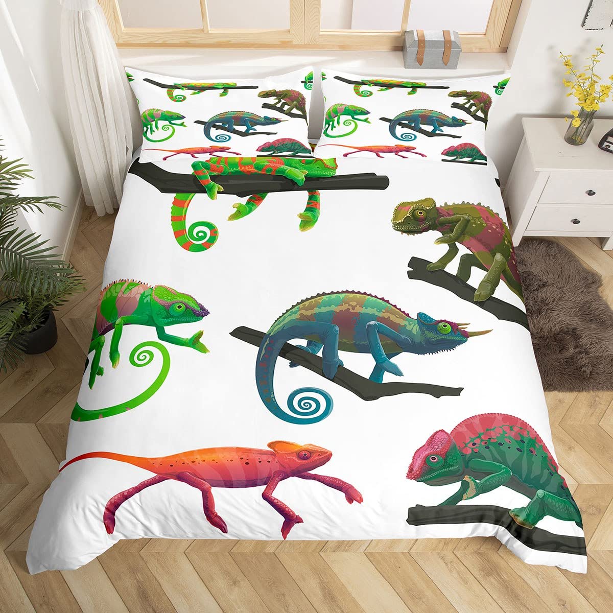 Homewish Lizard Duvet Cover Creature Reptile Bedding Set For Child Boys Girls Cute Chameleon Comforter Cover Cartoon Lovely Pet Single Bed Set Wild Animal Wild Safari Theme Kawaii Room Decor