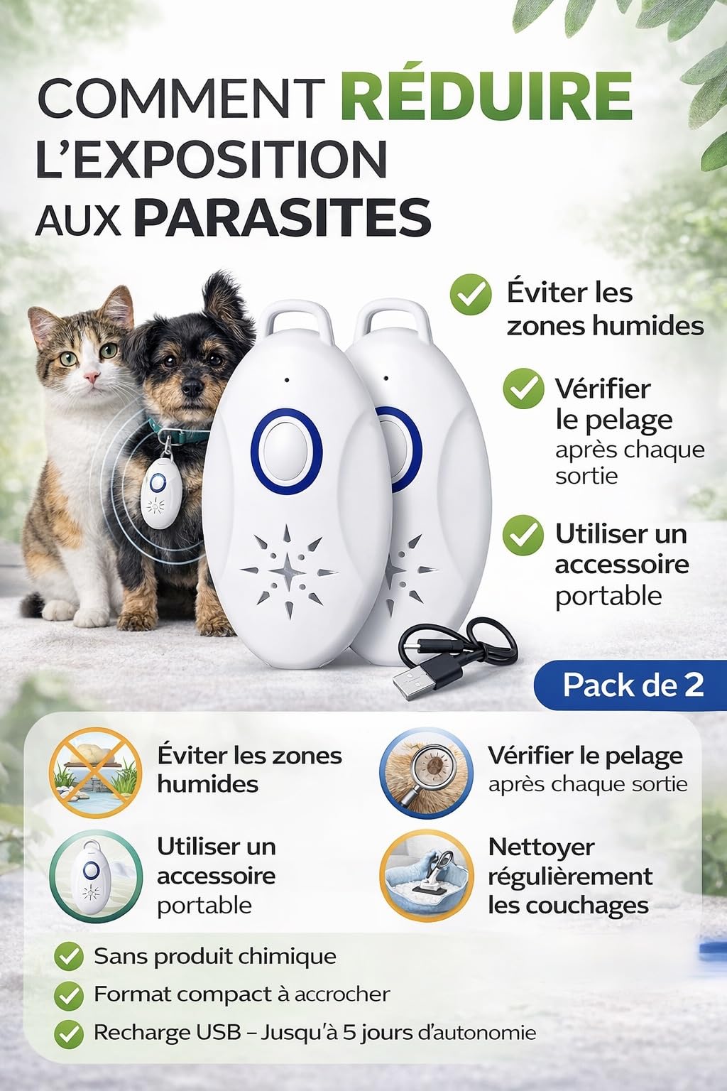 Repellente antiparassitario ad ultrasuoni portatile, ricaricabile USB, portata 3 m, senza prodotti chimici, protezione pulci zecche zanzare, animali domestici cani gatti, anti-zanzara