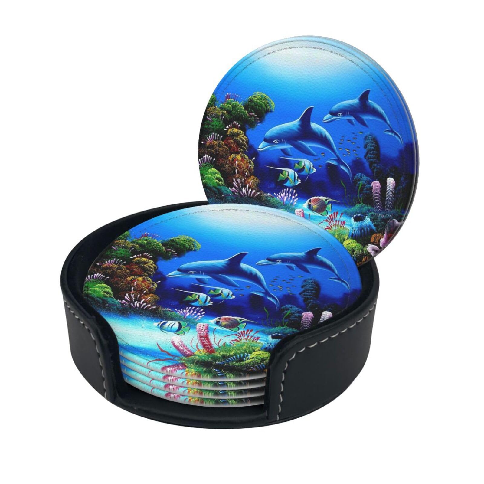 Beautiful Underwater World Dolphins Coral Print Round Leather Coasters - Set Of 6, Ultra-Fiber Pu Leather