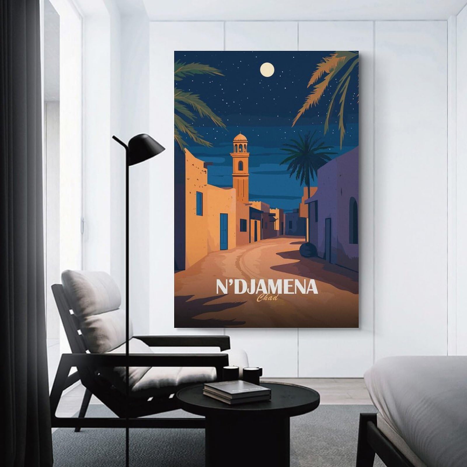 Junmoney Canvas Wall Decor NDjamena Chad Nightscape Illustration, 20x30inch(50x75cm), for Living Room, Bedroom Or Apartment Walls, A Home Accent with Warm Character