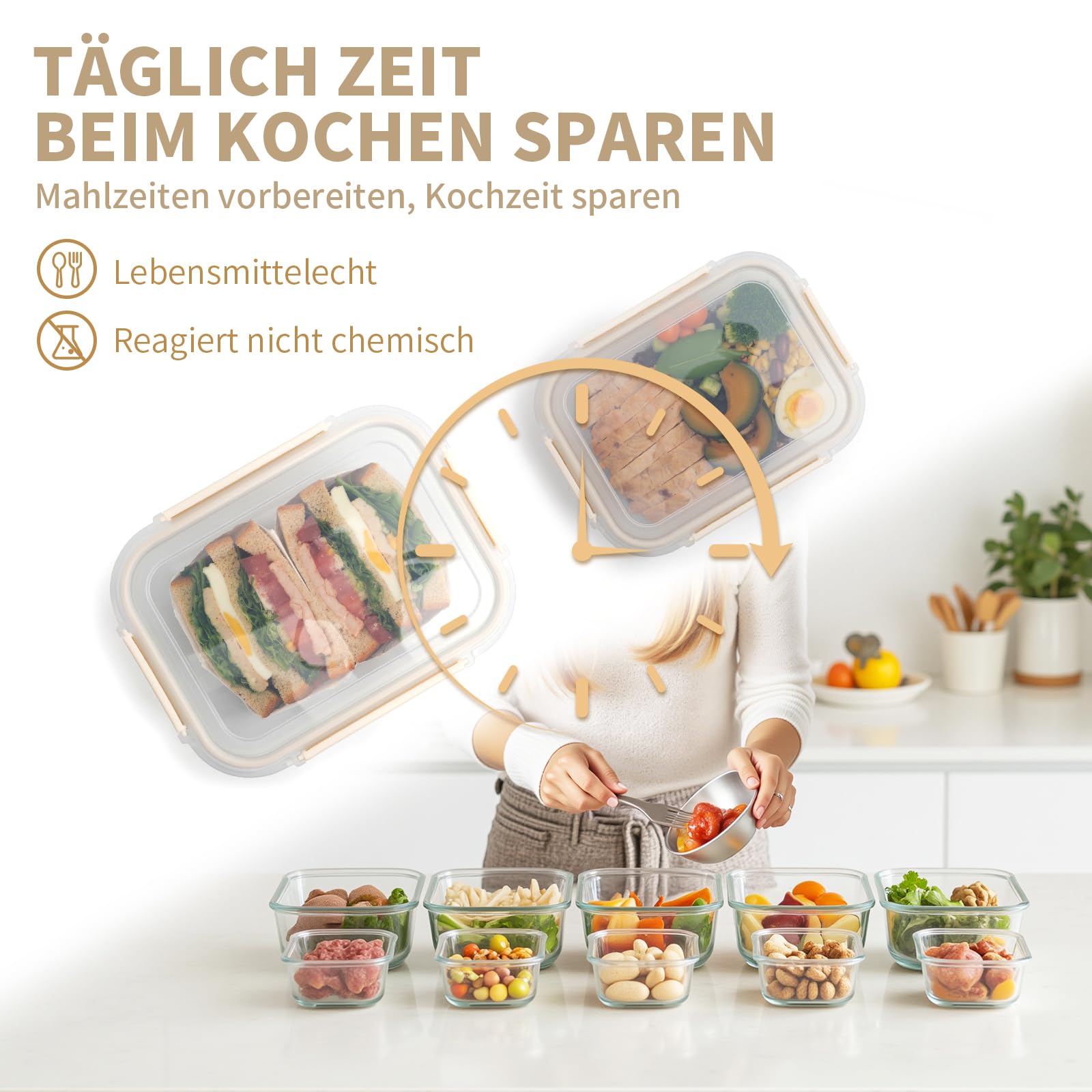 Juego de recipientes de cristal con tapa, 20 piezas (10 recipientes, 10 tapas), aptos para lavavajillas, microondas y congelador, a prueba de fugas, modernos, recipientes para alimentos, recipientes