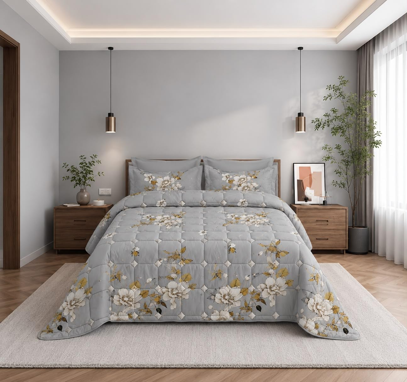 Carnival Light Grey Floral Bedcover Set | Reversible Design, All Season Use, Lightweight Comforter, King & Queen Size, Soft Bedspread-image-34