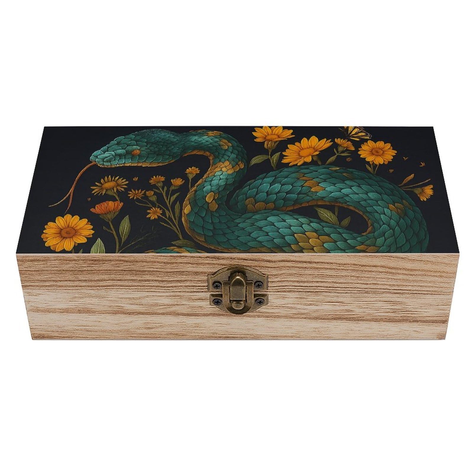 SMAZDFXX Cyan Snake & Sunflower Wooden Storage Box Multipurpose Decorative Box for Jewelry Photo Home Decor