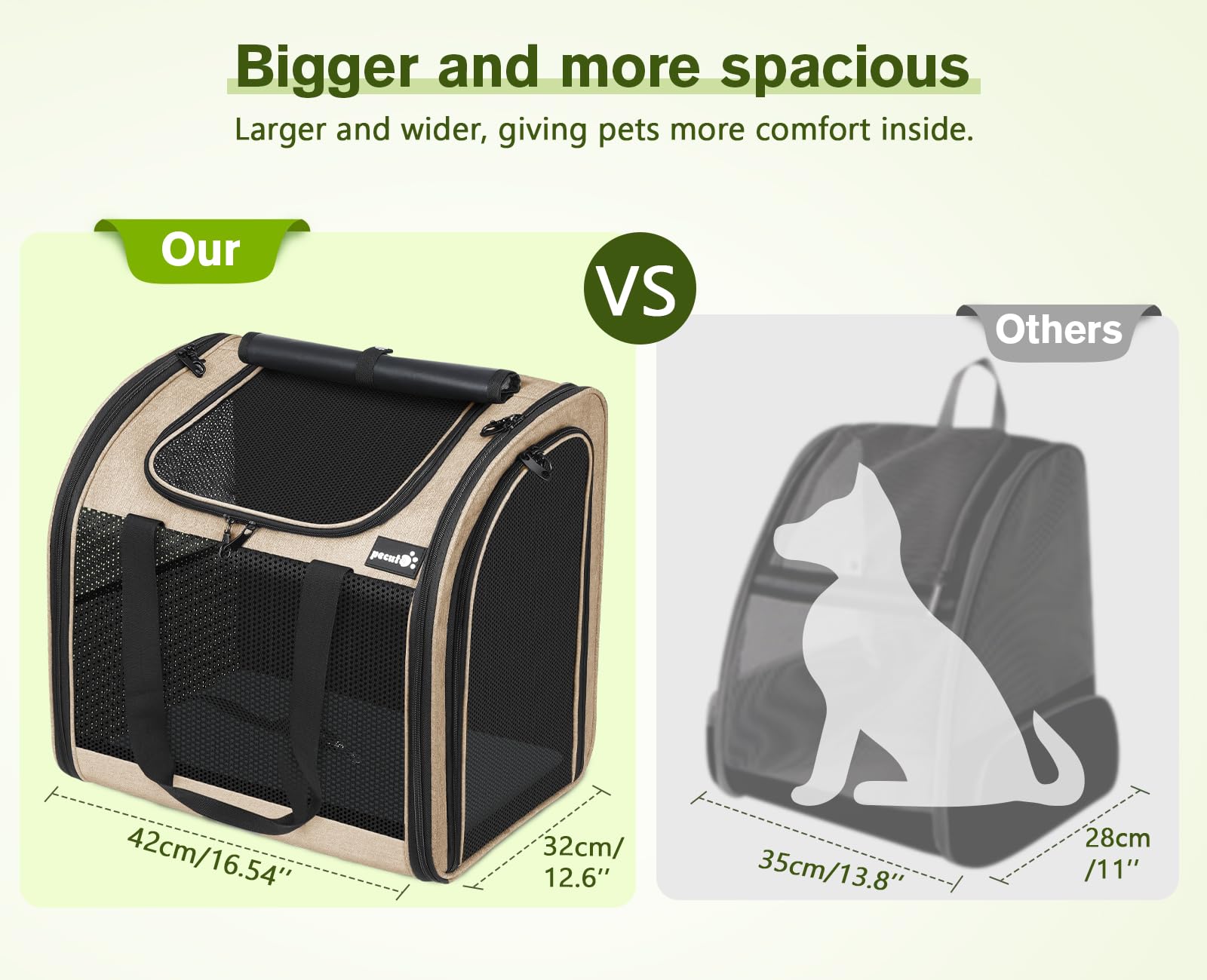 Pecute Zaino per Gatti & Cucciolo,con Disegno Ampliato e Design Ventilato, Pieghevole, con Cinghia di Sicurezza, Cachi