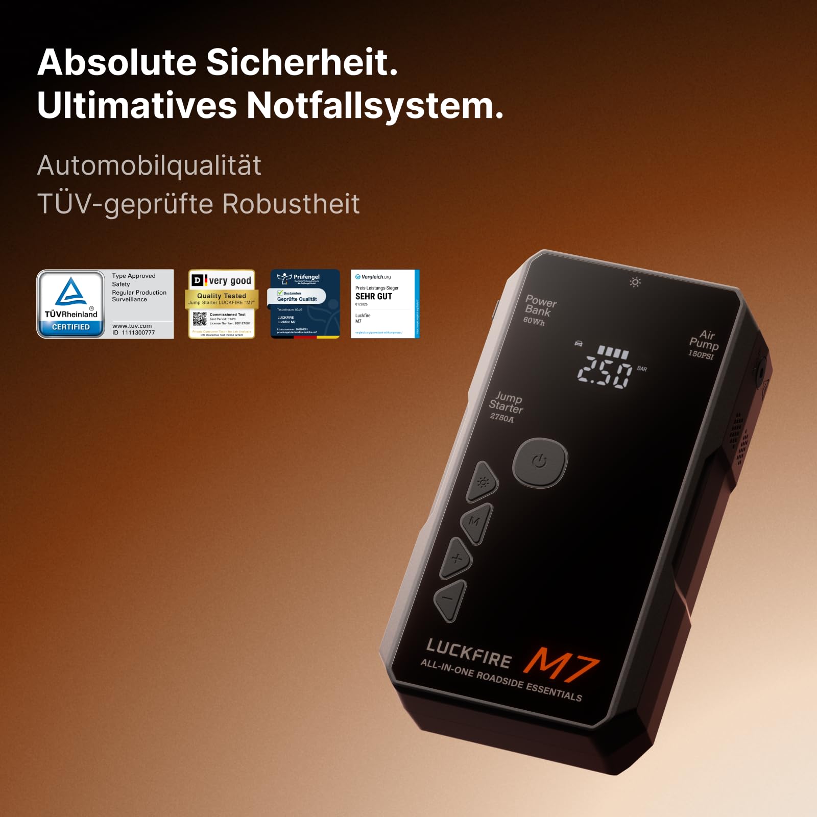 M7 TÜV-Zertifizierte Auto Starthilfe Powerbank für Pkw, SmartIgnition 12V Jump Starter Powerbank mit Kompressor, 60Wh Tragbarer Booster für bis zu 10-L Benzin- und 8,5-L Dieselmotoren