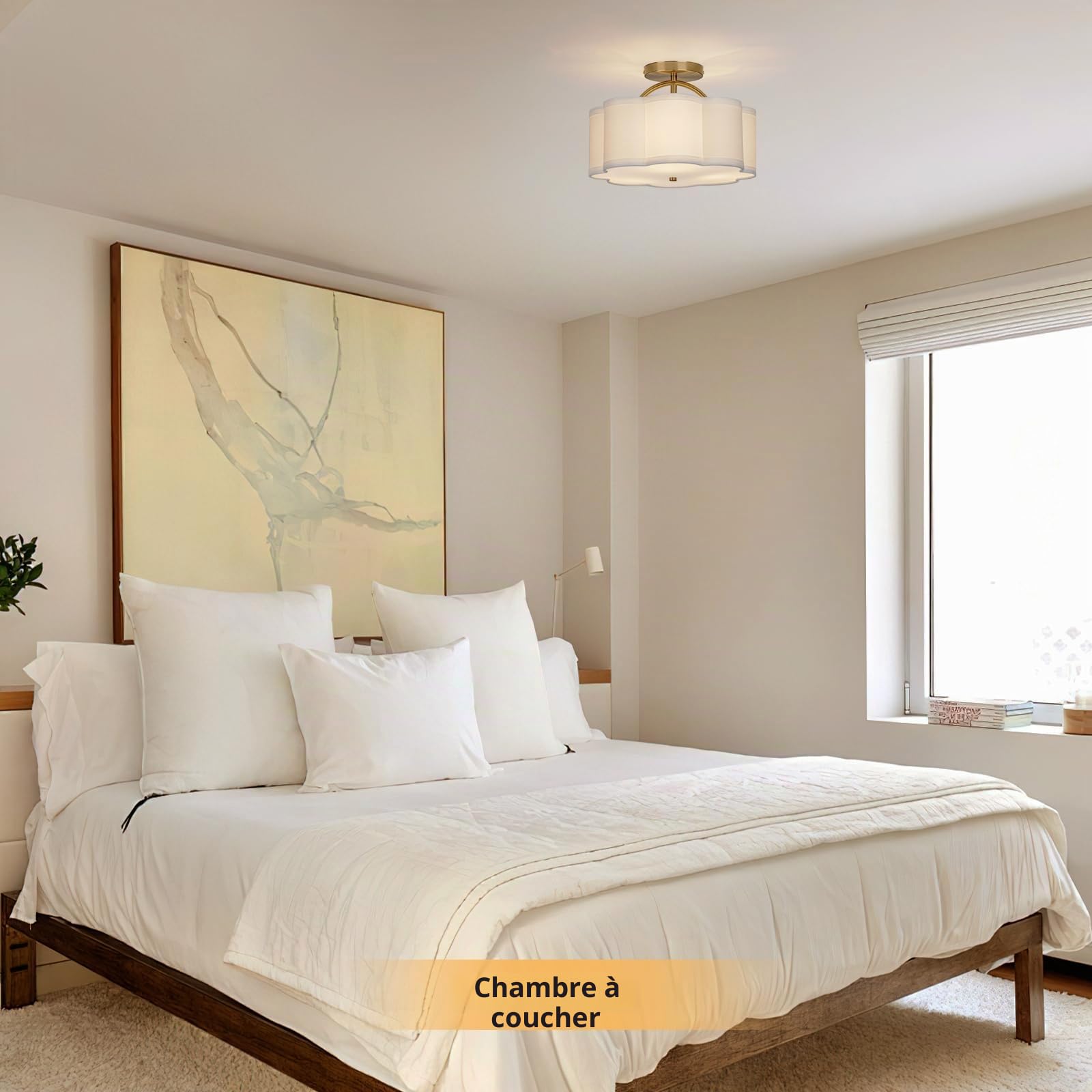 CALOKES Plafonnier à 3 lampes, Ø30 cm, avec abat-jour en tissu crème en forme de fleur et bras doré – pour chambre, cuisine, salon, couloir et entrée.
