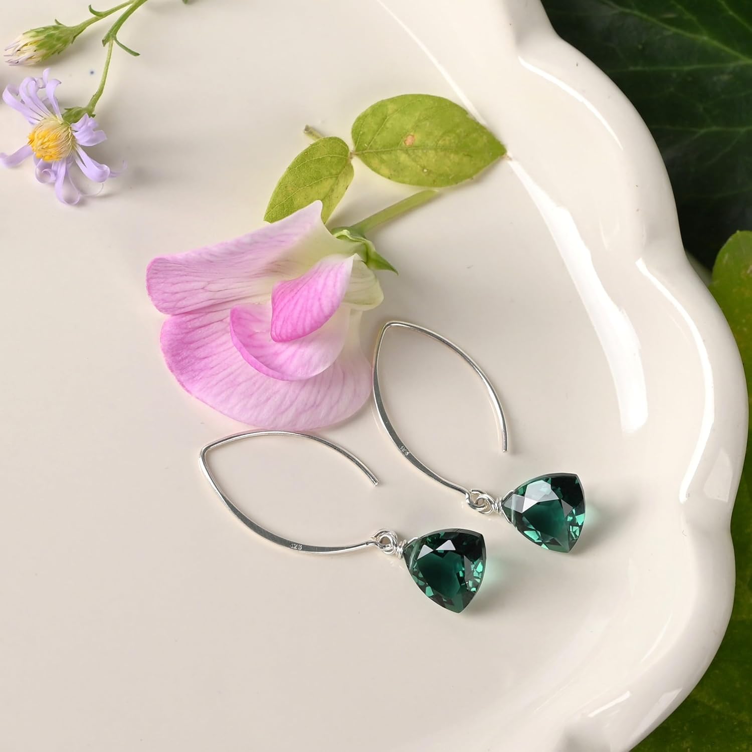Emerald Green Quartz Trillion Sterling Silver Earrings - Image 9