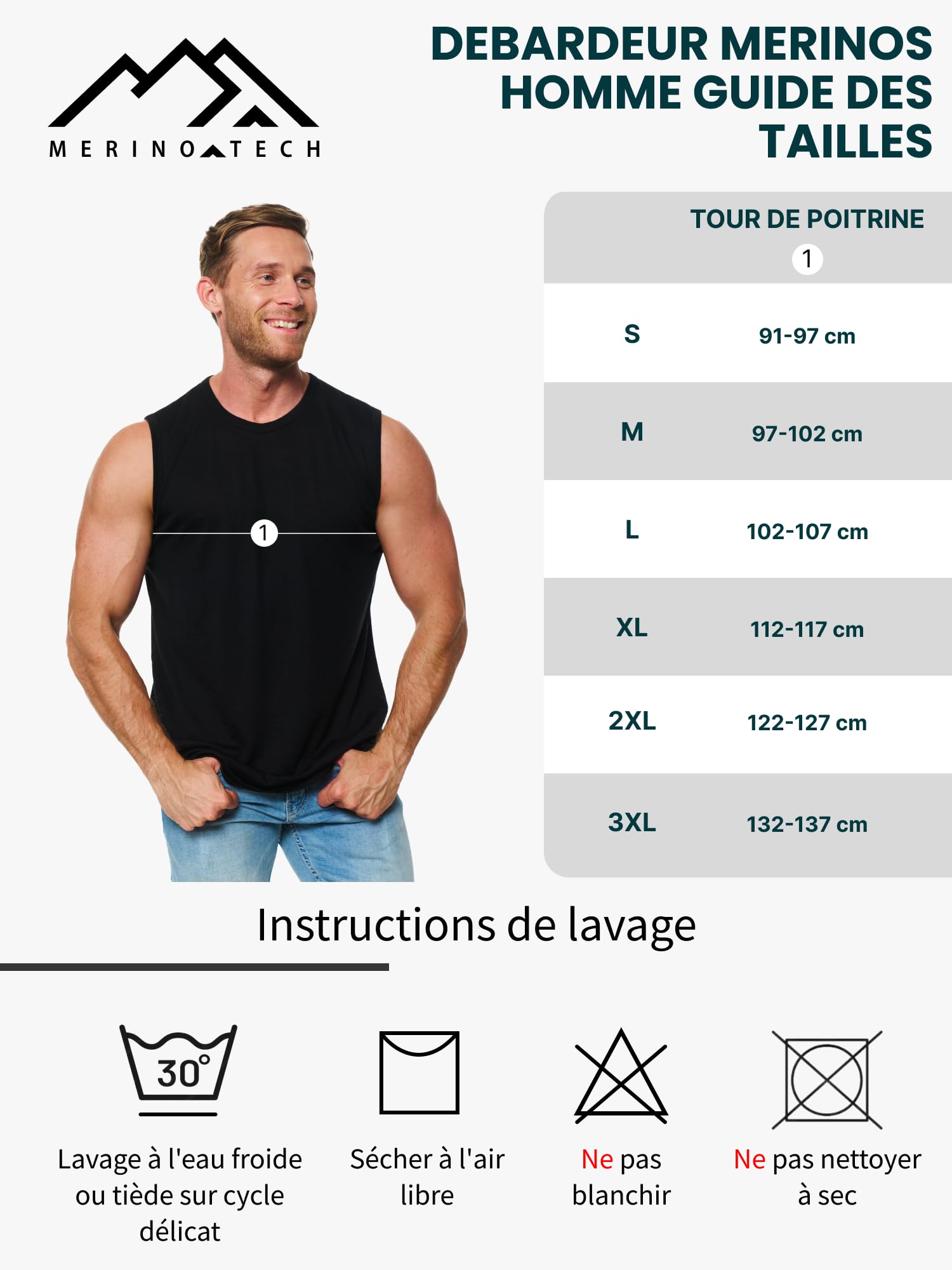 Debardeur Homme Merinos - Actif Maillots de Corps Homme sous-Couche Légère Respirante, Anti-Odeurs et Évacuant L’humidité