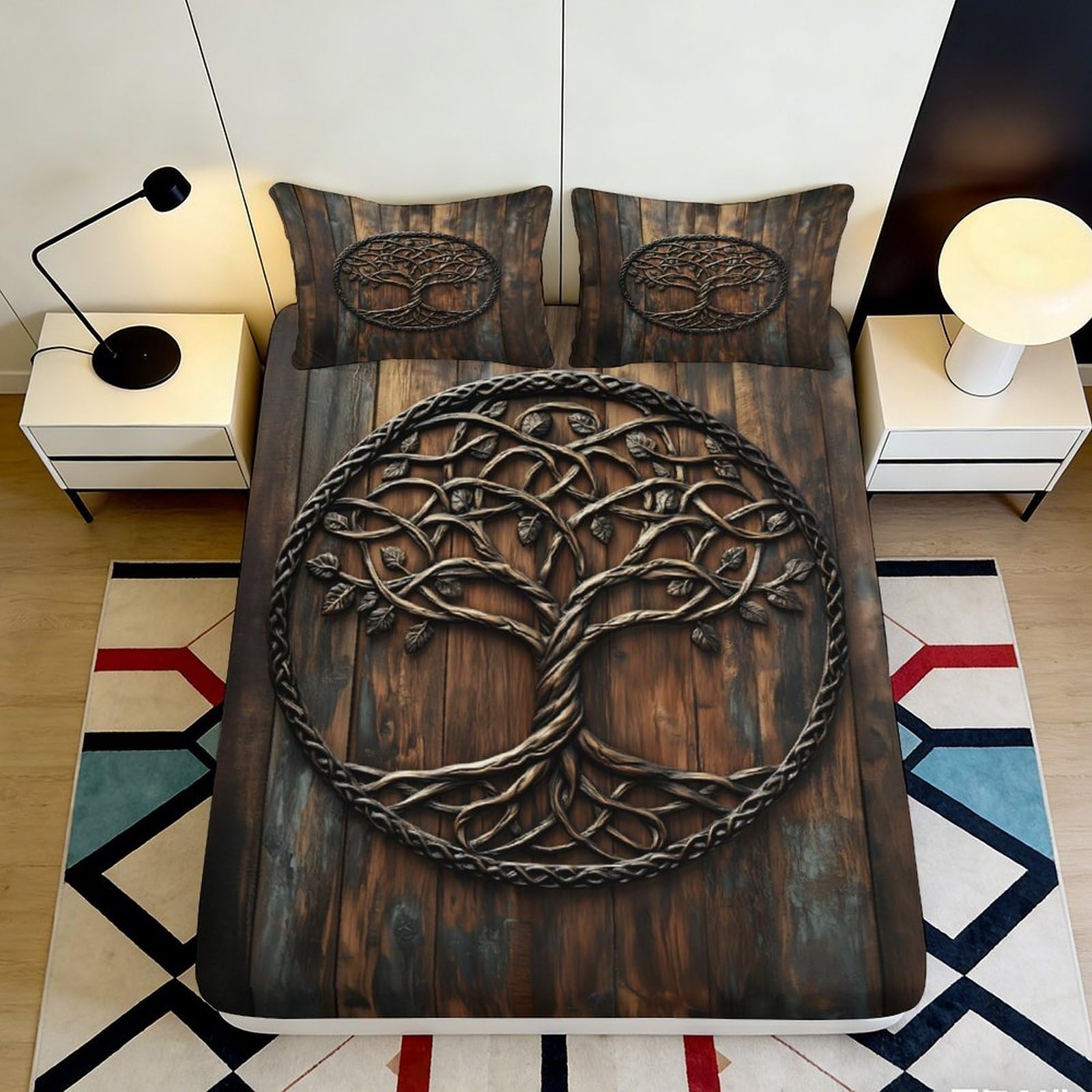 3D Printed Celtic Tree of Life Fitted Sheet Microfiber Durable Soft 3D Printed Wooden Style Bed Cover Mattress Protection for Bedroom Dorm Guest 160x200x25cm