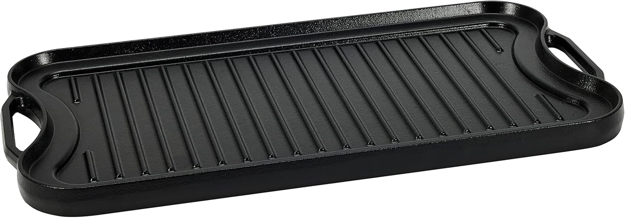Amazon Basics Pre-Seasoned Cast Iron Reversible Rectangular Grill/Griddle with Even