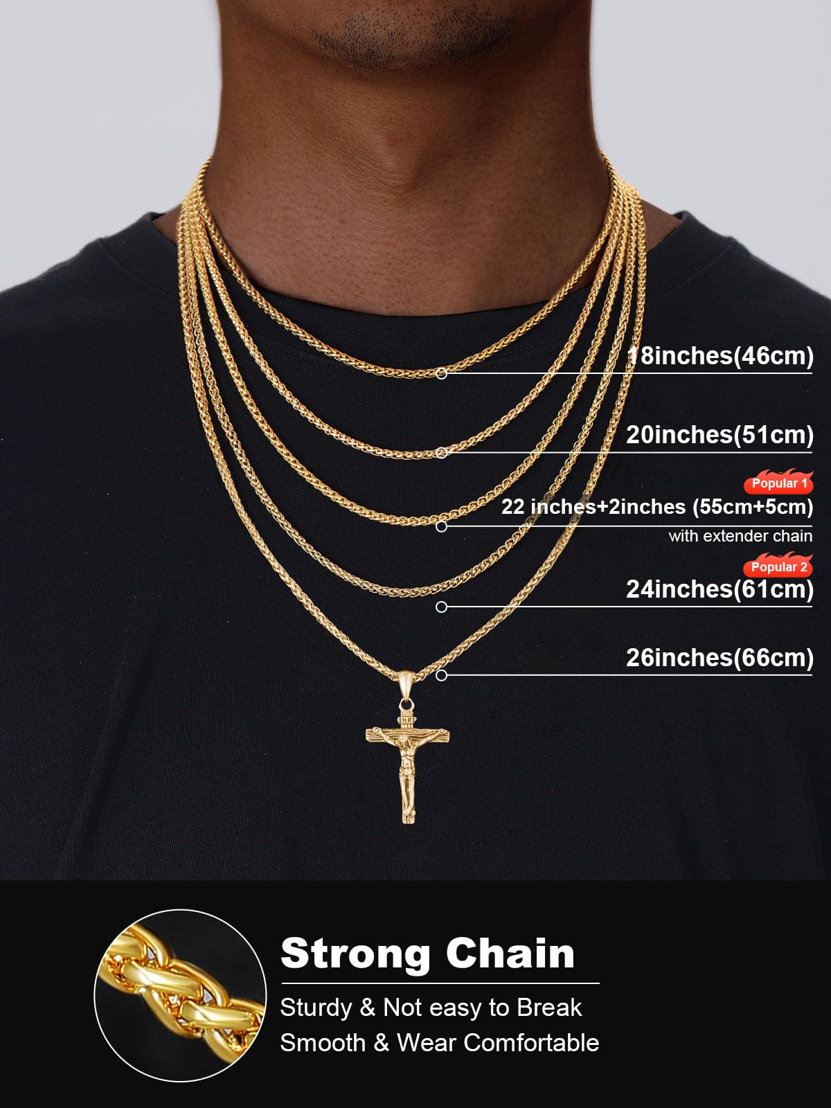 U7 Colgante Cruz Hombre de Acero Inoxidable Collar Cruz de Jesús con Cadena Espiga Ajustable 56+5cm Plateado/Dorado/Negro/Oro Rosa, Joyería Religiosa Crucifijo Colgante para Hombre y Mujer