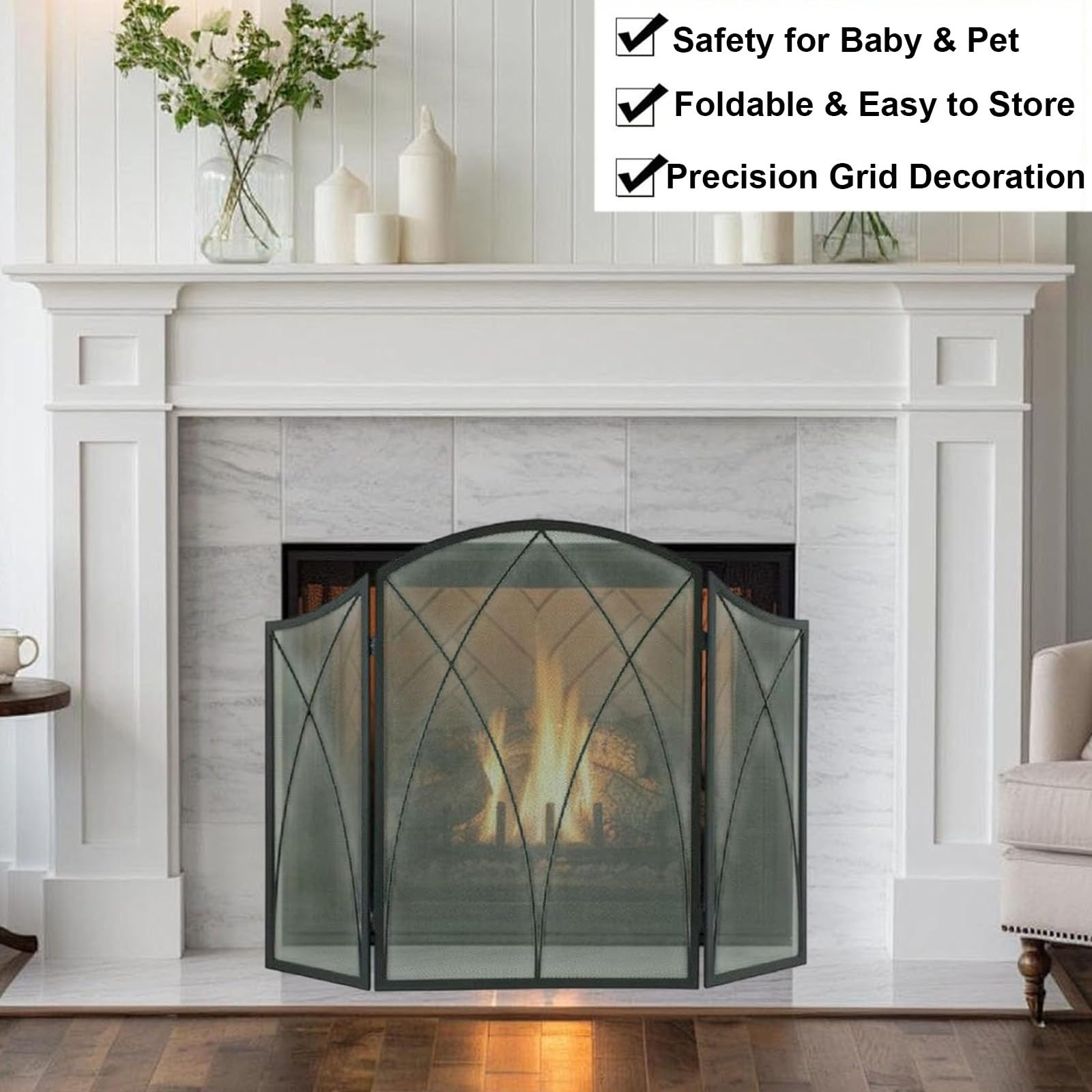 Pantalla para Chimenea Moderna Plegable, Protector de Chispas de Hierro Forjado, Barrera de Seguridad para Chimeneas, Fácil Instalación