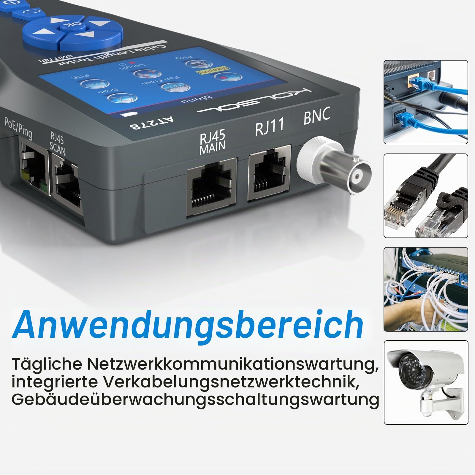 Netzwerkkabeltester, AT278 TDR Kabellängentester Bruchpunkttester, Multifunktionaler LCD Wire Tracker für RJ45, RJ11, BNC, Metallkabel, PING/POE Prüfung