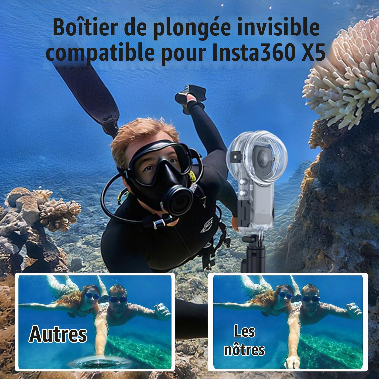 60m Invisible Étui Plongée Compatible avec Insta360 X5 pour Plongée Surf