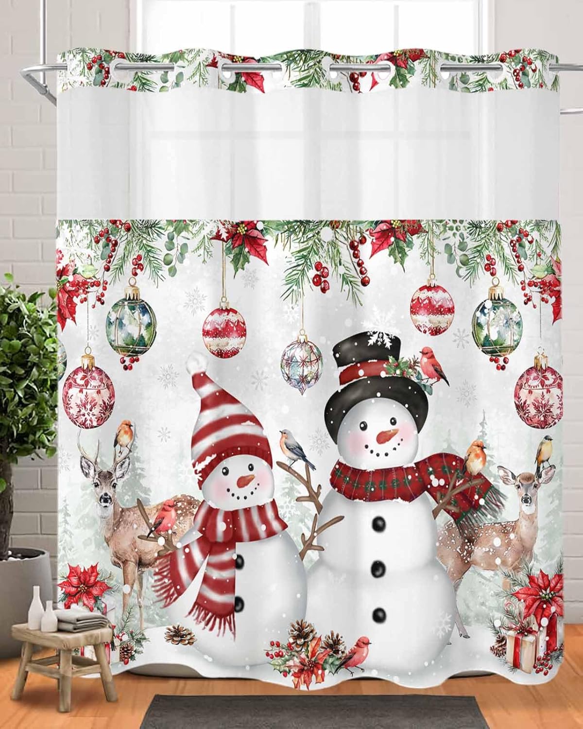 Christmas Shower Curtain with Snap-in Fabric Liner Set Christmas Snowman Deer No Hook Shower Curtain with Mesh Top Window Red Poinsettia Balls Snowflake Shower Curtains Waterproof 72" W x 72" L