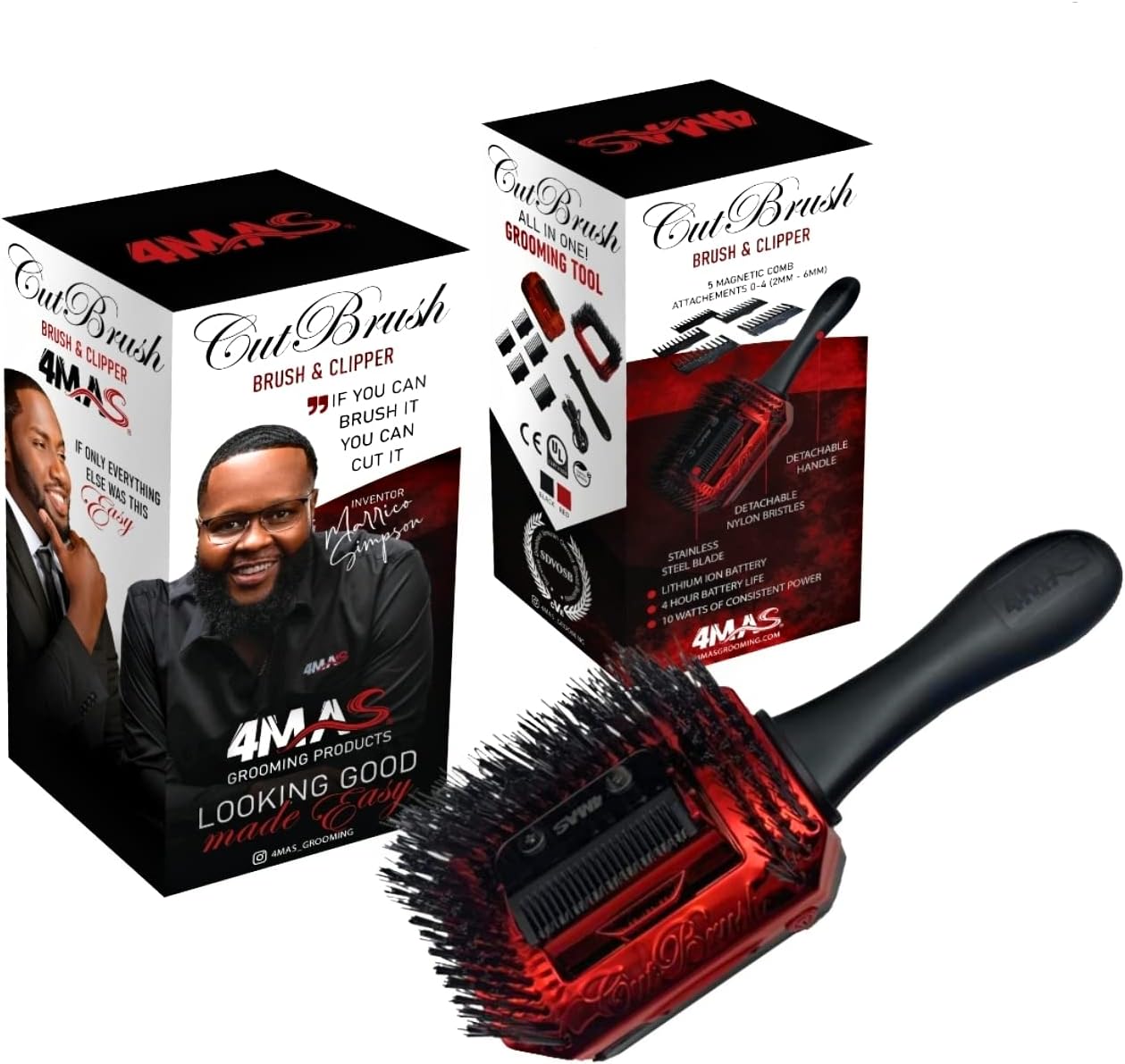 4MAS Self-Grooming CutBrush (Black and Red) Mod 3 with 5 Comb Attachments and Charging Cable