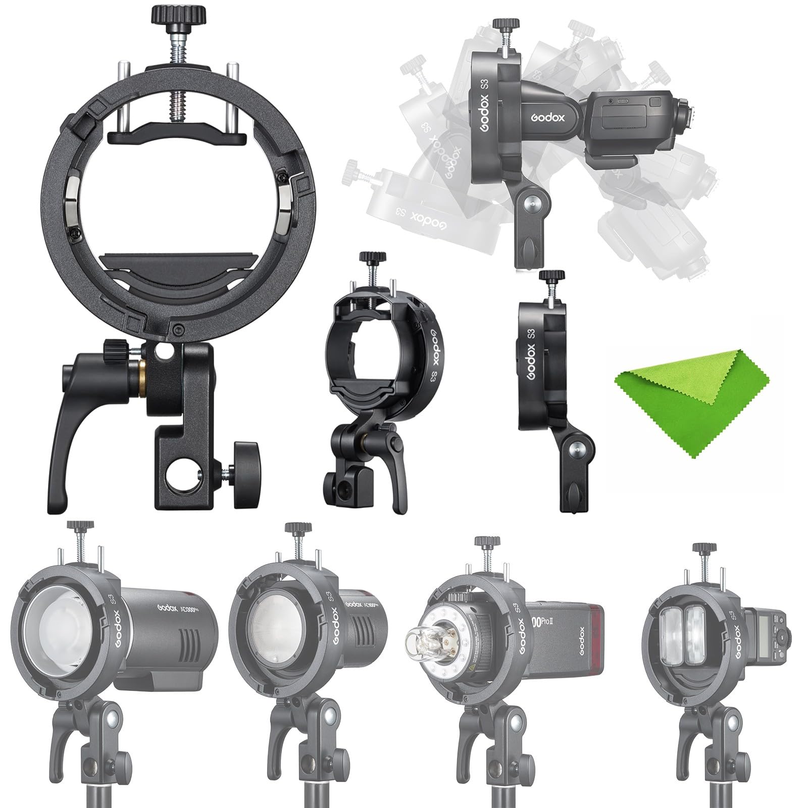 GODOX S3 Speedlite Flash Bracket,Bowens Mount Holder,Umbrella Hole,±90°Tilt | for Godox V1 V1Pro V100, AD200Pro II, AD100Pro II,AD300Pro II,V860II V860III TT685II TT350 Flash, S-Type Bracket Stable Setup